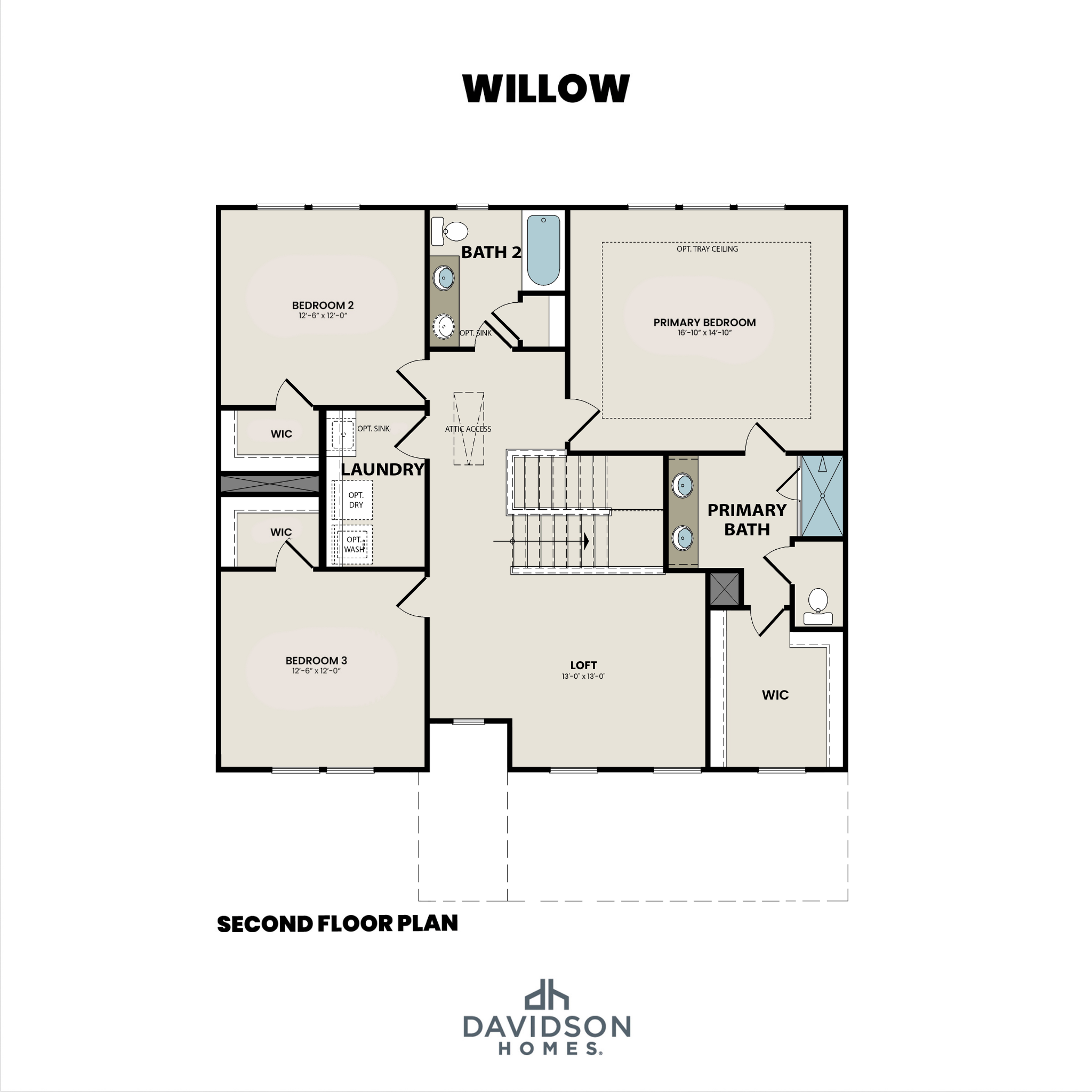 Second floor plan of The Willow by Davidson Homes showing primary suite, bedrooms, loft, and laundry in Mt. Juliet, TN