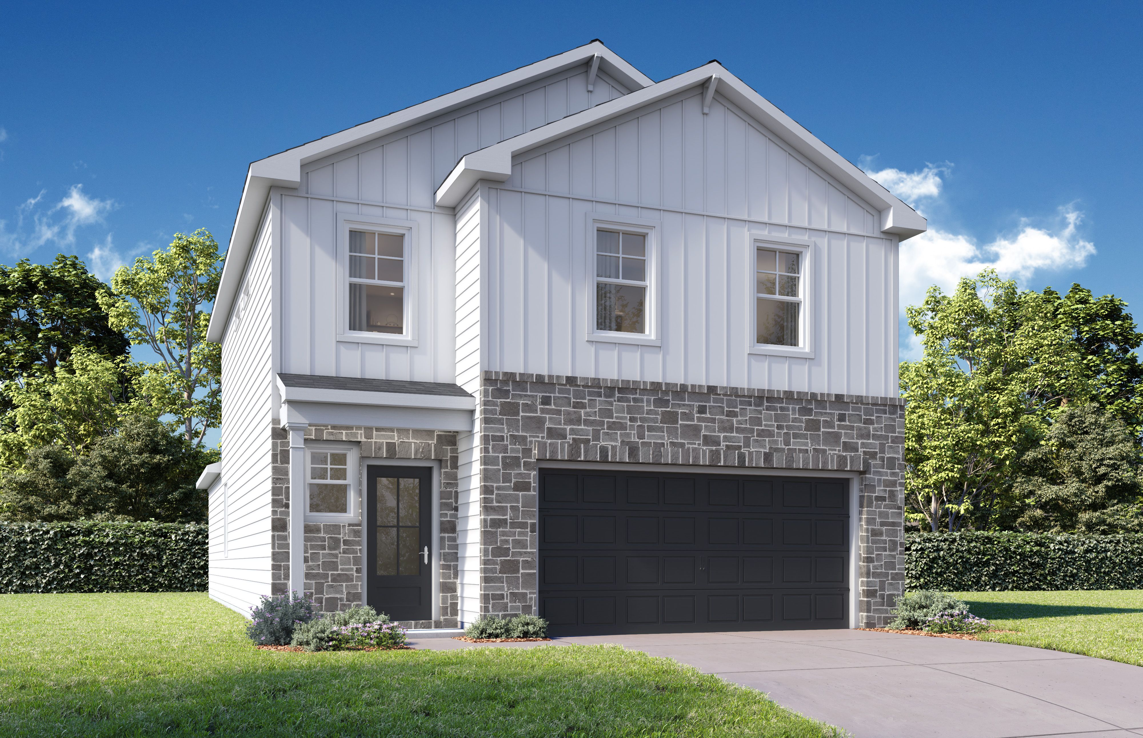 Modern 2-story elevation of The Brazos E with white siding, brick accents, 2-car garage, and lush landscaping in Heartland, Texas