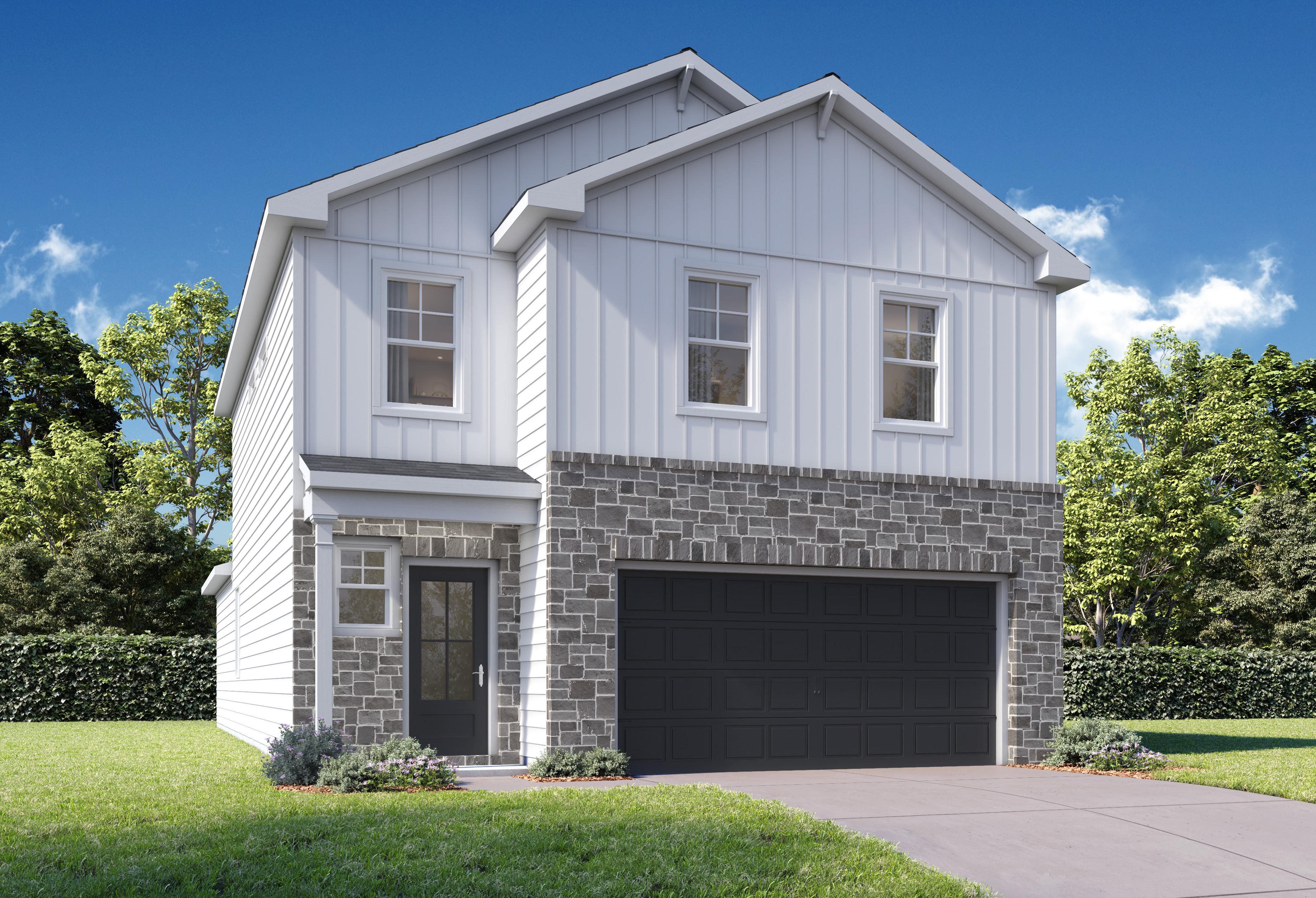 Modern 2-story elevation of The Brazos E with white siding, brick accents, 2-car garage, and lush landscaping in Heartland, Texas
