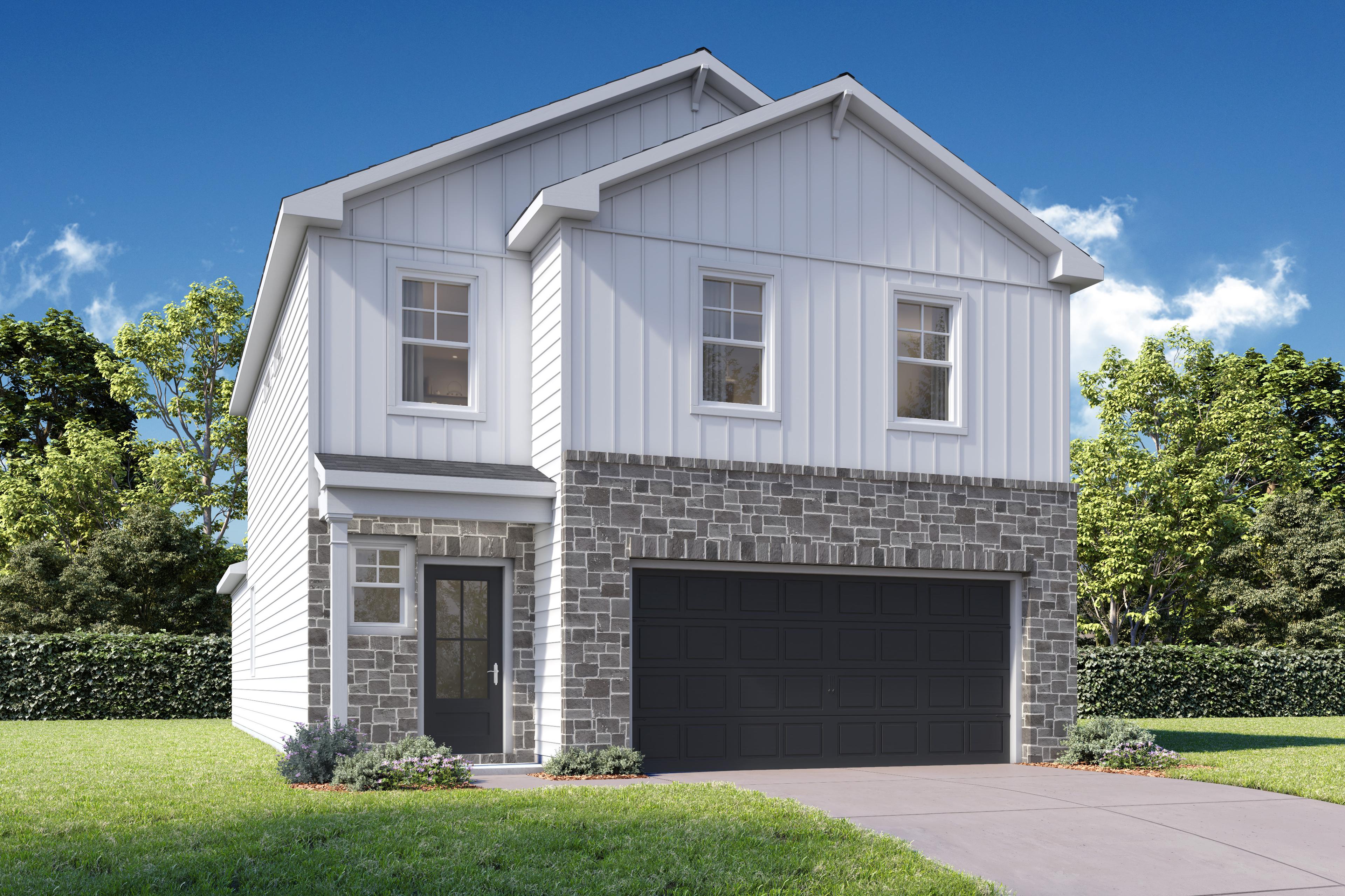 The Meadowbrook two-story home elevation featuring white brick base, beige siding, two-car garage, lush landscaping under blue sky