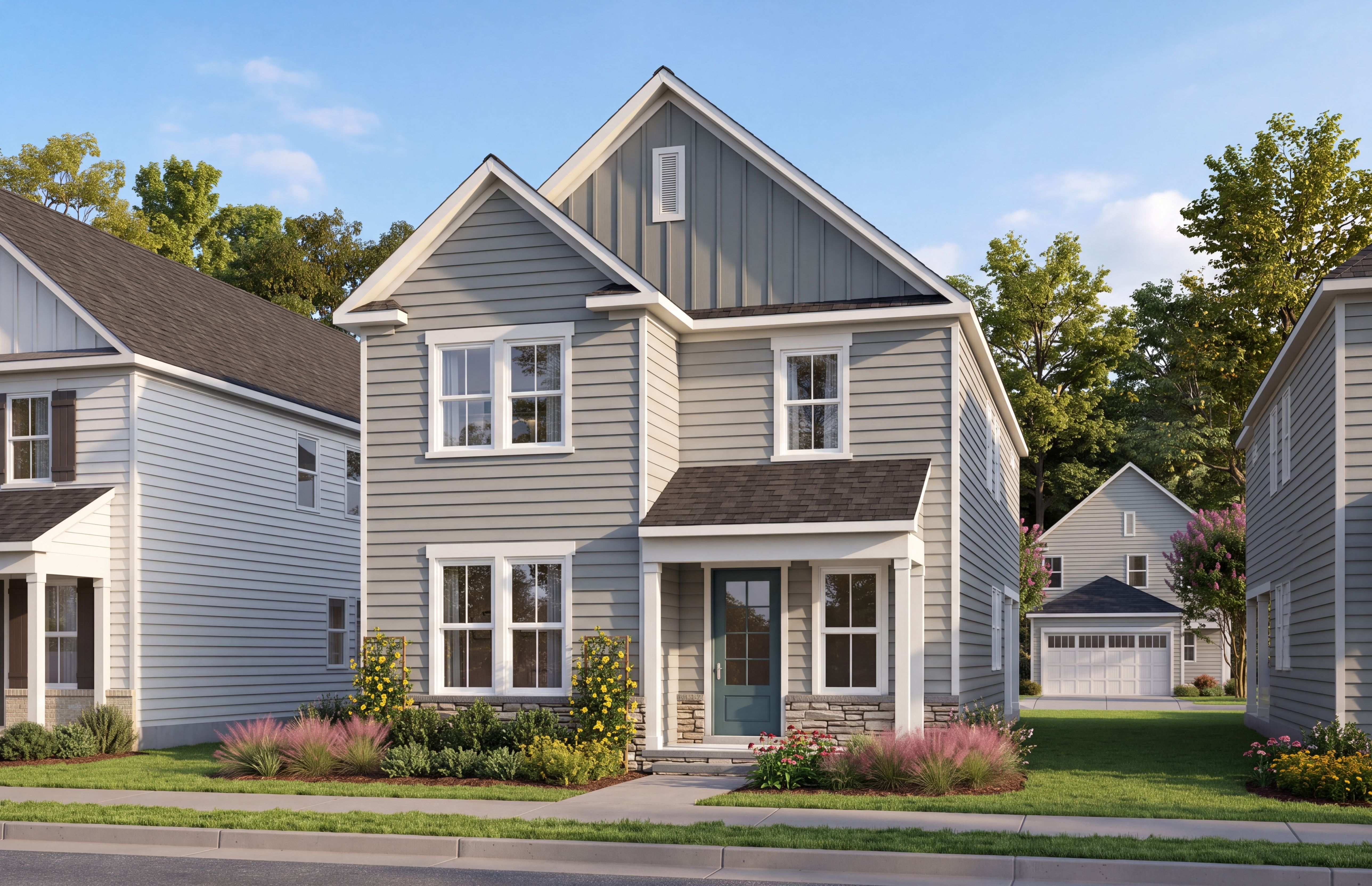 Two-story exterior elevation of The Jordan A by Davidson Homes in Knightdale, NC featuring gray siding and stone accents.