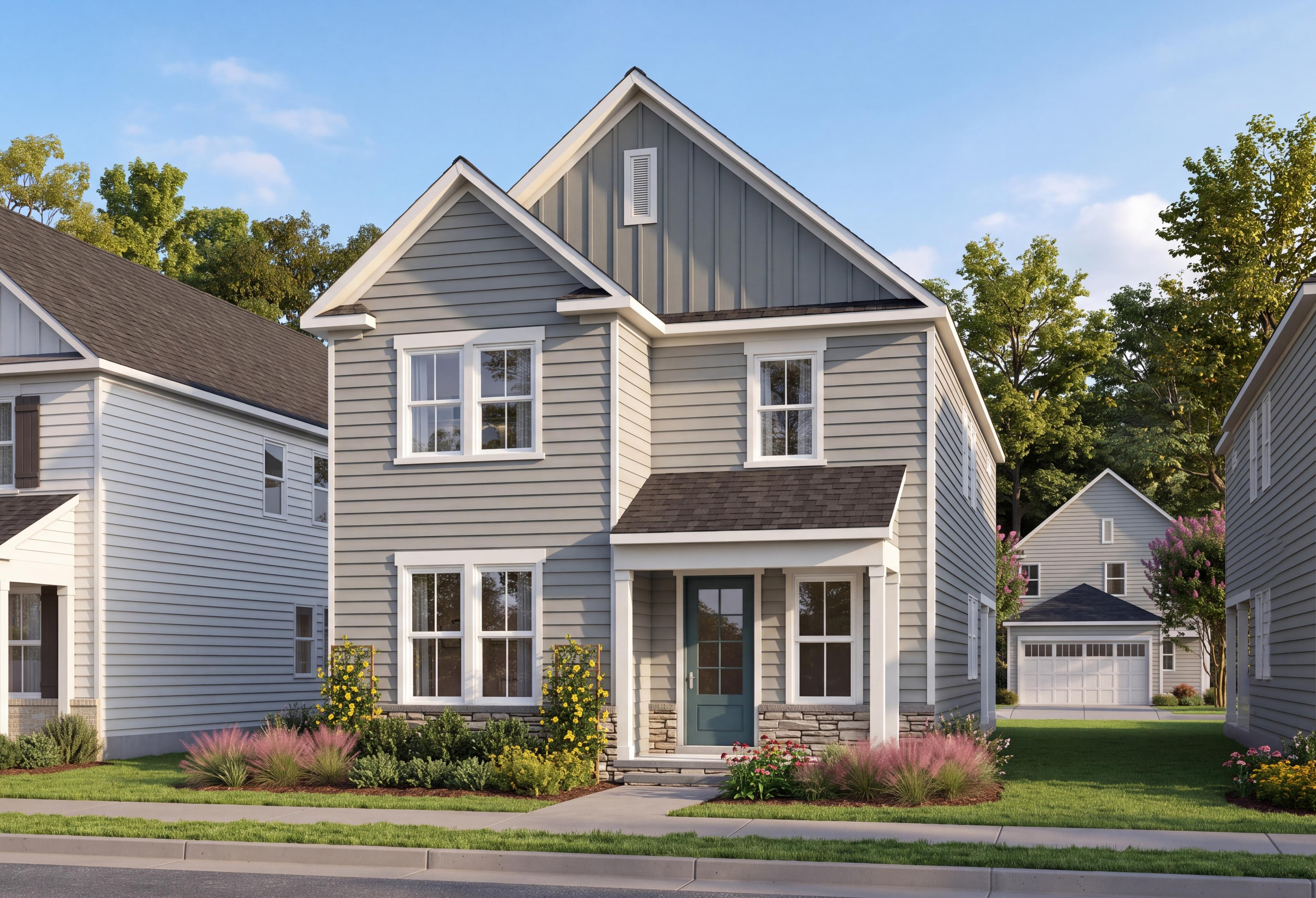 Two-story exterior elevation of The Jordan A by Davidson Homes in Knightdale, NC featuring gray siding and stone accents.