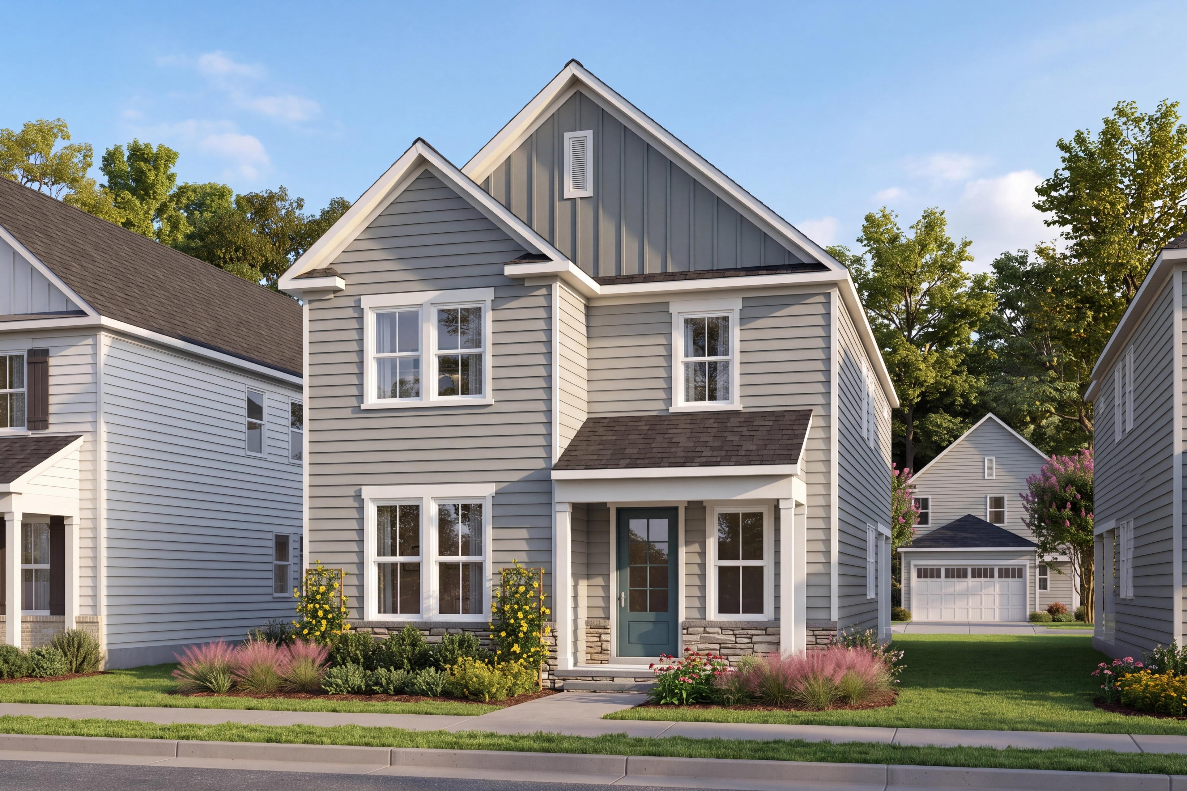 Two-story exterior elevation of The Jordan A by Davidson Homes in Knightdale, NC featuring gray siding and stone accents.