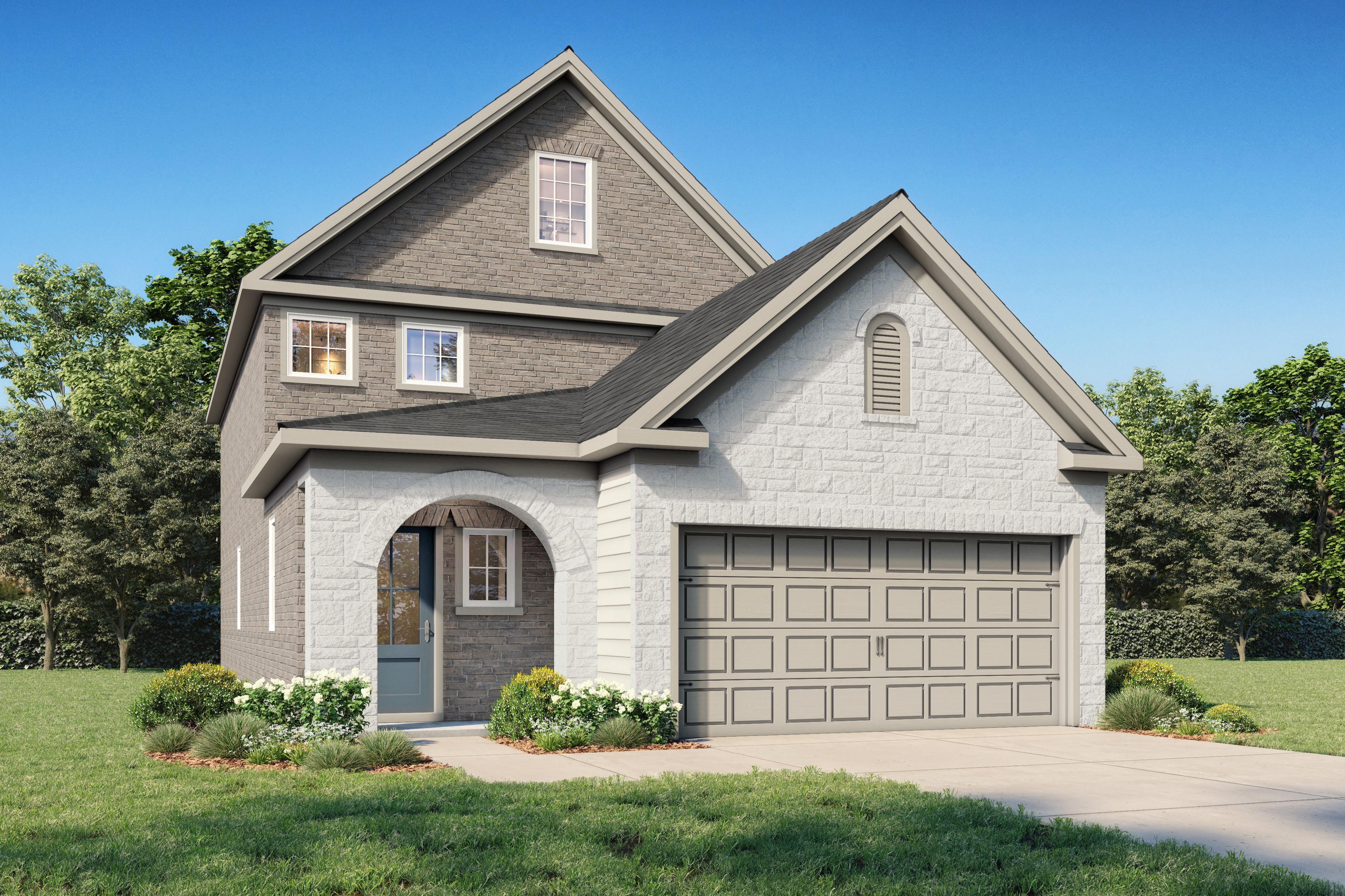 Two-story Sabine JA home elevation with brick and composition exterior, 2-car garage, and lush landscaping in Heartland, Texas