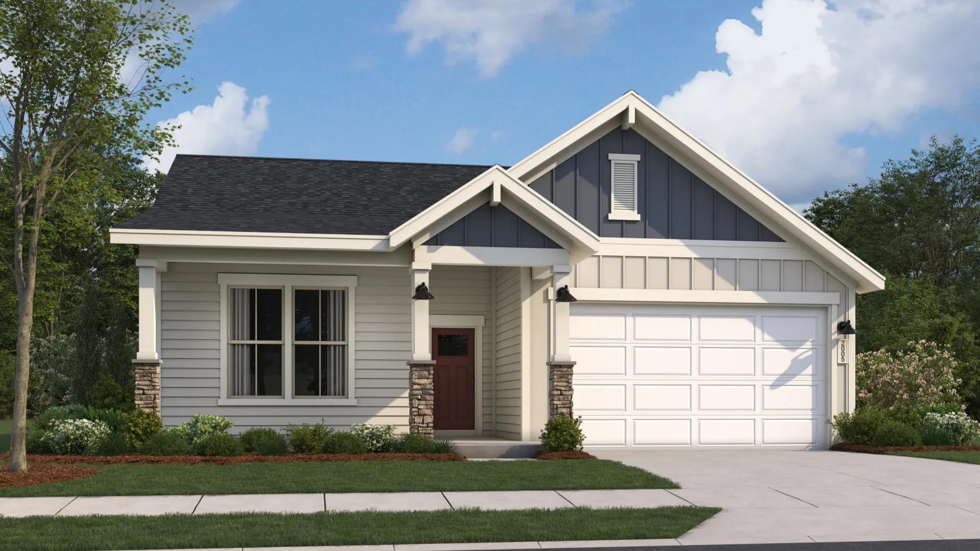 Modern craftsman ranch home exterior at Cape Reserve Donahue Ridge in Auburn Alabama with gabled roof stone accents and covered porch