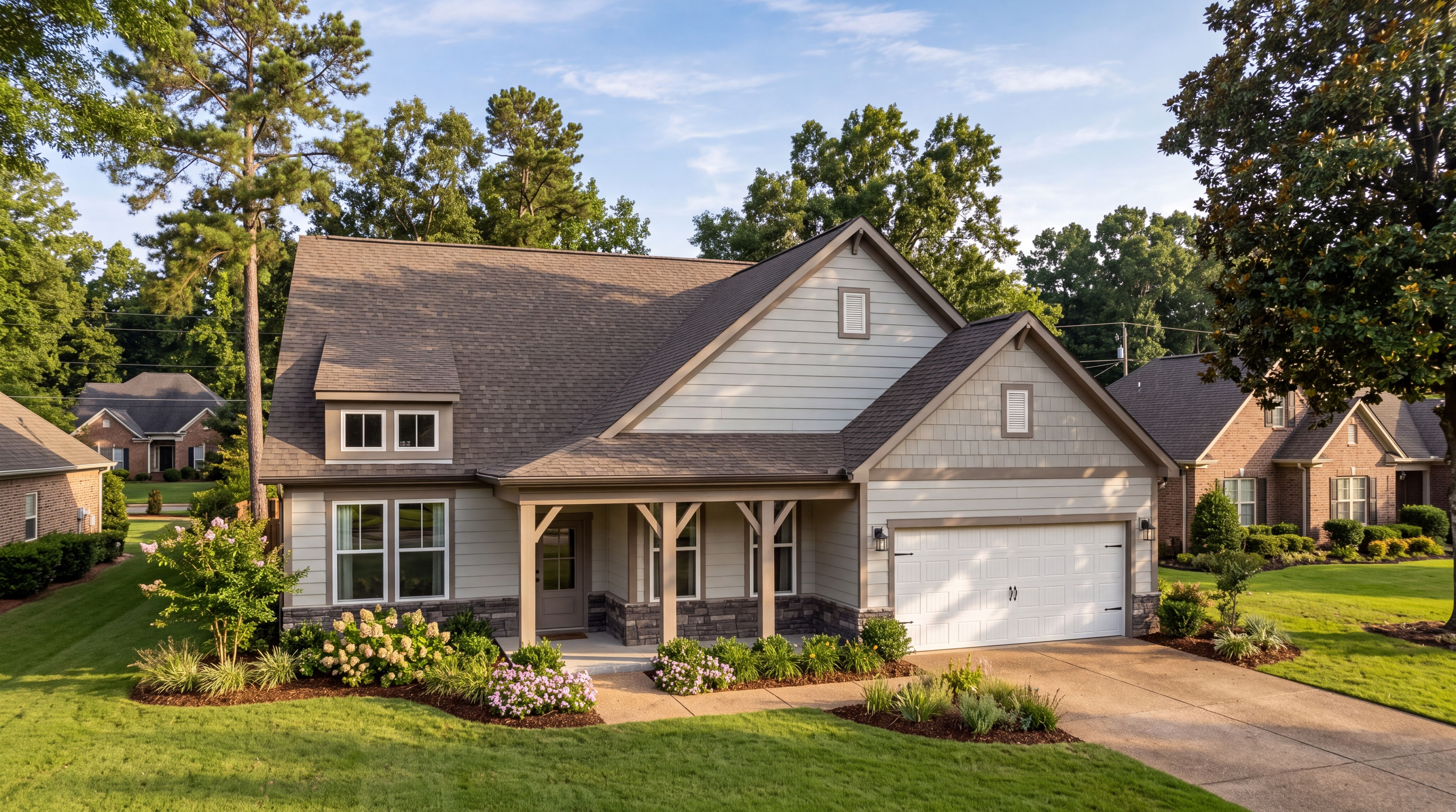 The Magnolia D single-family home in Priceville, AL featuring brick and cement exterior with a 2-car garage.