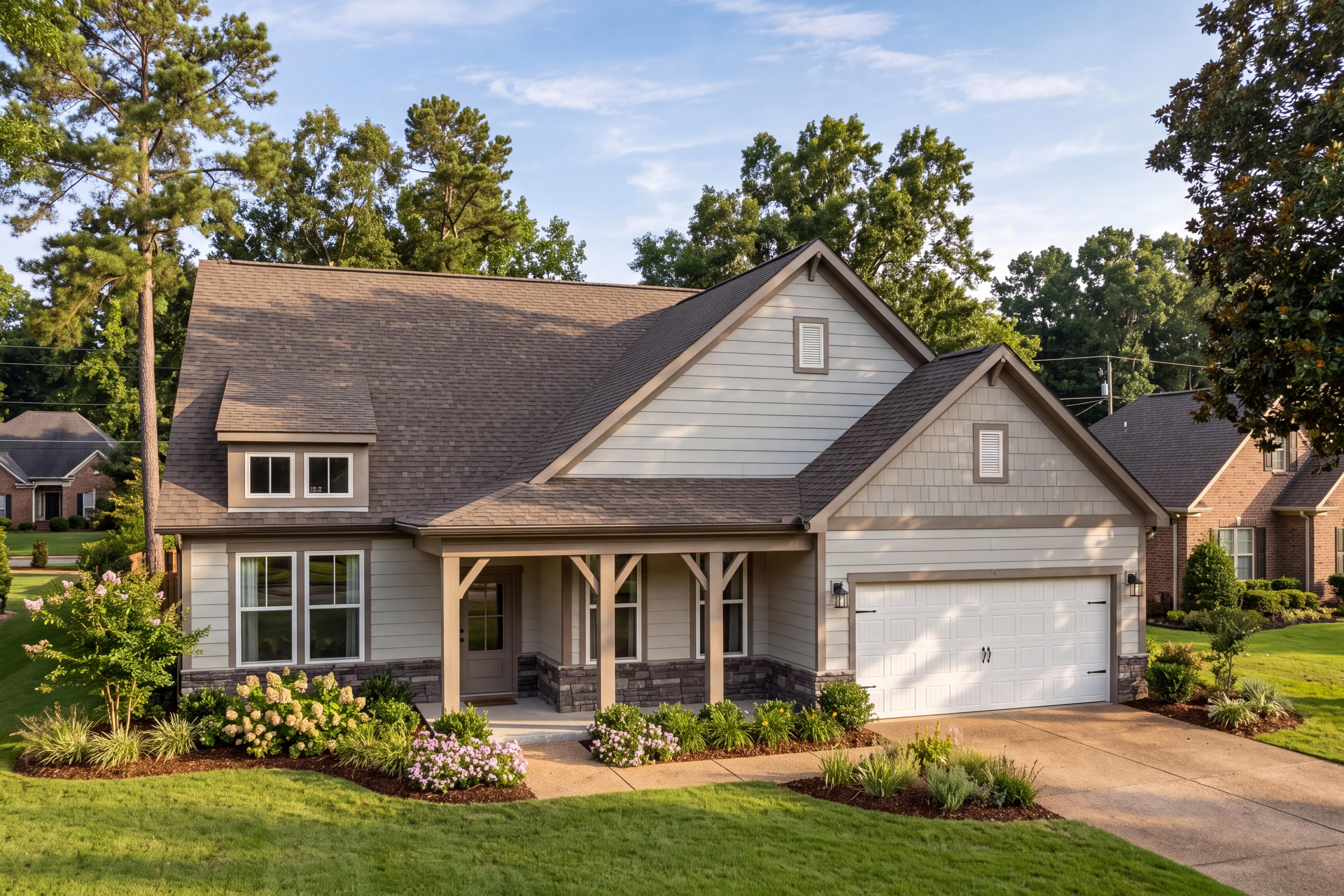 The Magnolia D single-family home in Priceville, AL featuring brick and cement exterior with a 2-car garage.