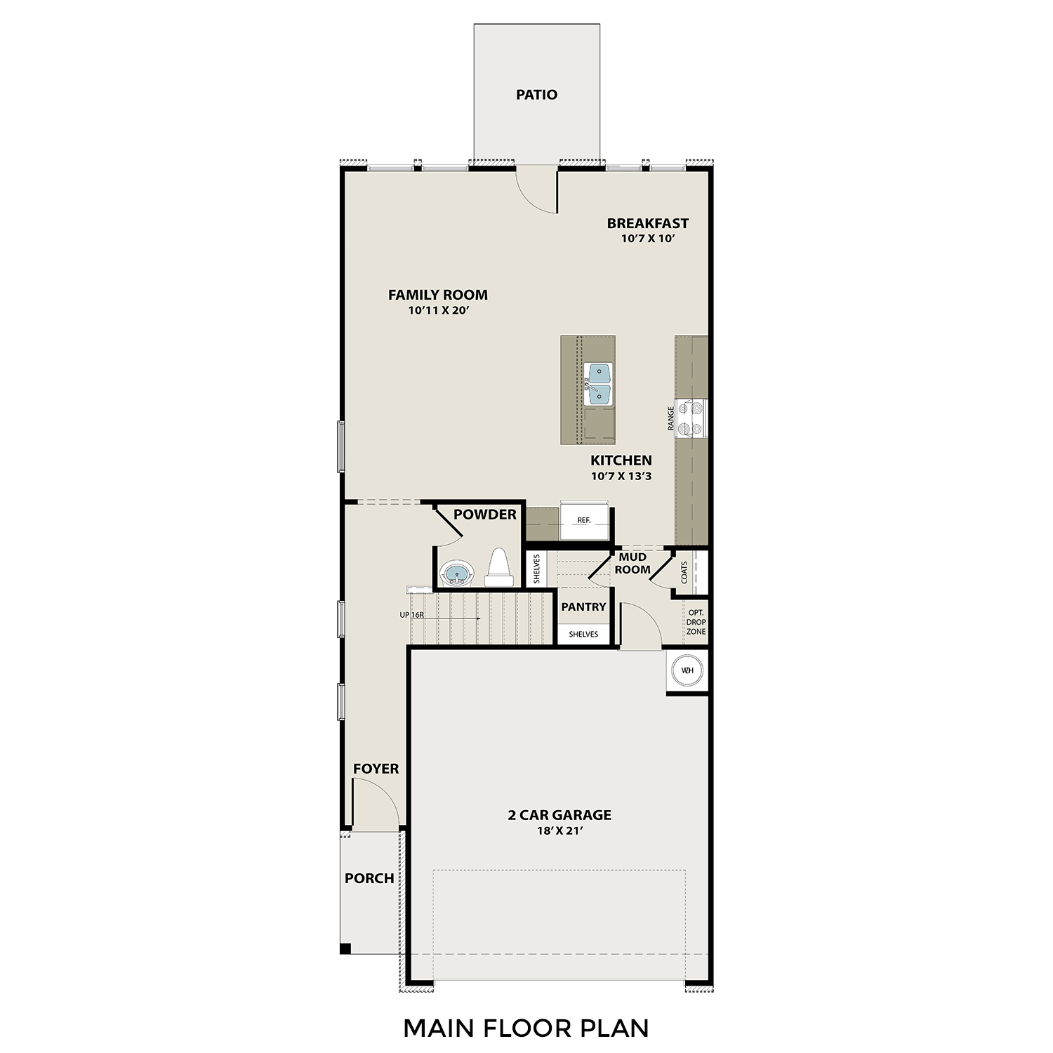 Main floor plan of The Wake E by Davidson Homes: 2-car garage, open kitchen, family room, breakfast nook, powder room, covered patio in Wylie, Texas