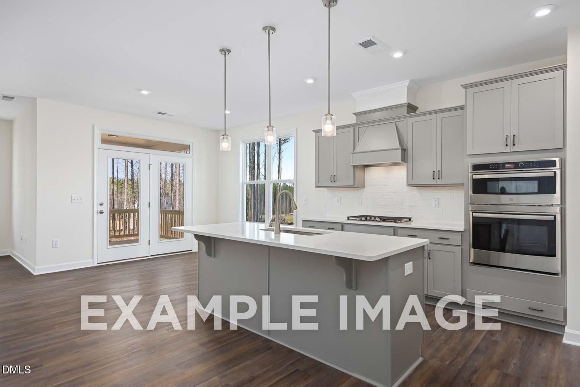 Modern gray kitchen with quartz island, stainless double ovens, and French doors to wooded deck in Davidson Homes The Ash B, Zebulon, NC