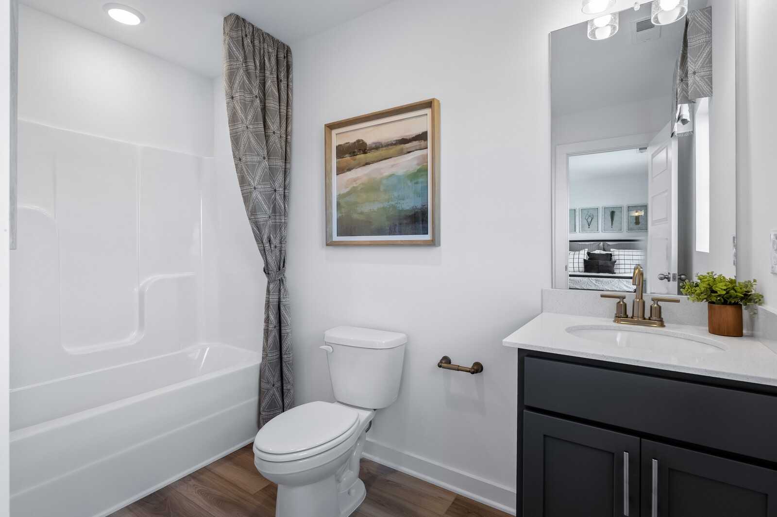 Modern bathroom with white bathtub, dark wood vanity, large mirror, and landscape artwork in Davidson Homes Cumberland B, Gallatin TN