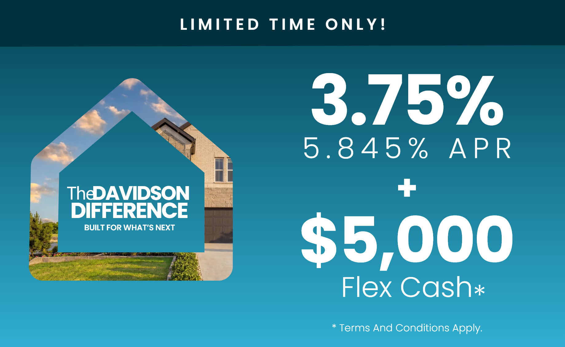 Dallas homebuilder promotion featuring a 3.75% mortgage rate, 5.845% APR, and $5,000 in Flex Cash incentives.