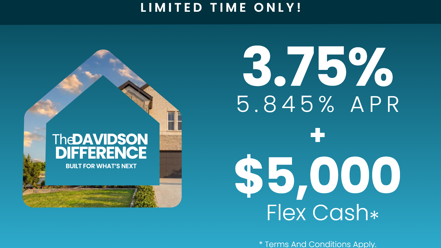Dallas homebuilder promotion featuring a 3.75% mortgage rate, 5.845% APR, and $5,000 in Flex Cash incentives.