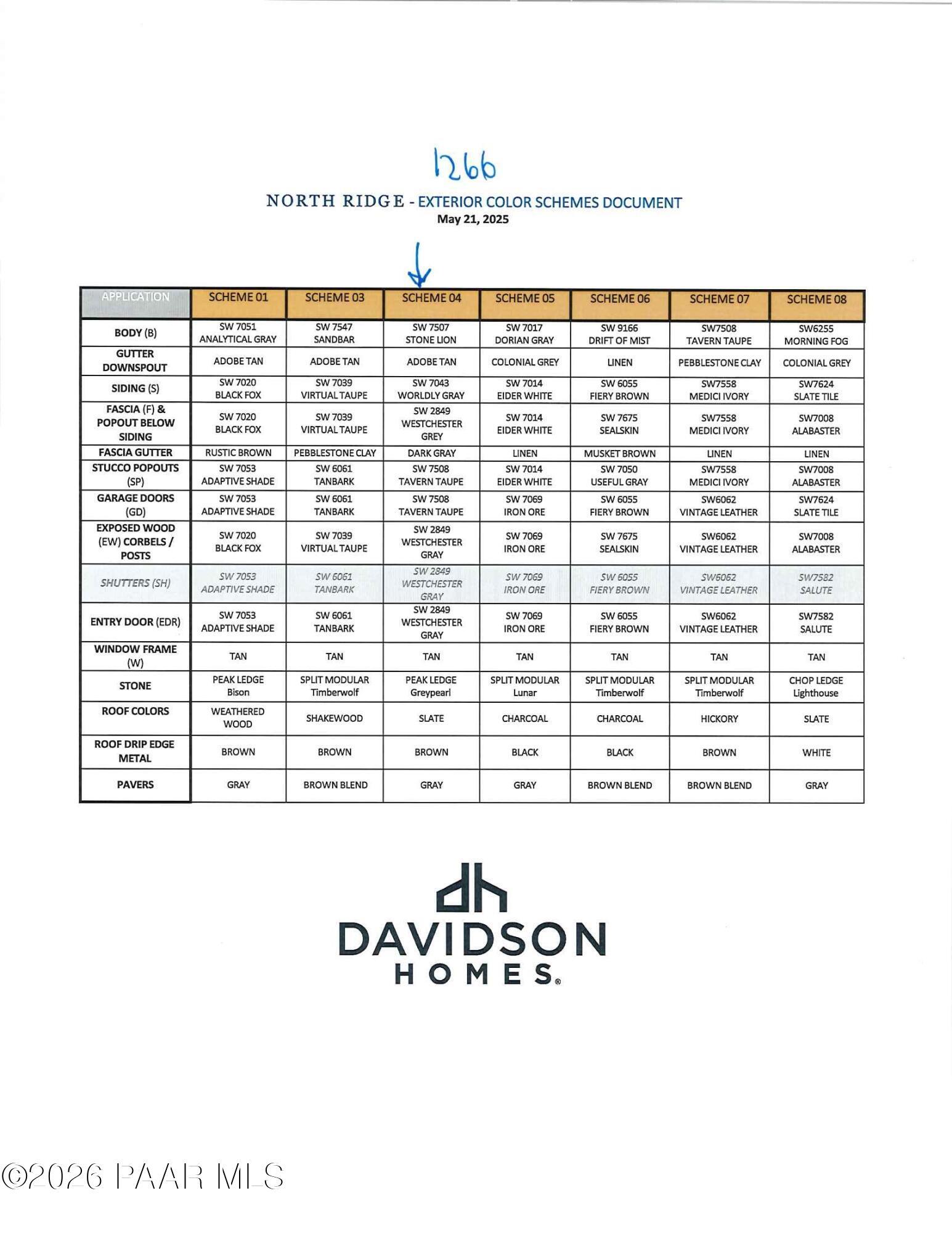 Exterior color schemes chart for Davidson Homes' The Azure A floor plan at North Ridge at Pronghorn Ranch, Prescott Valley, Arizona