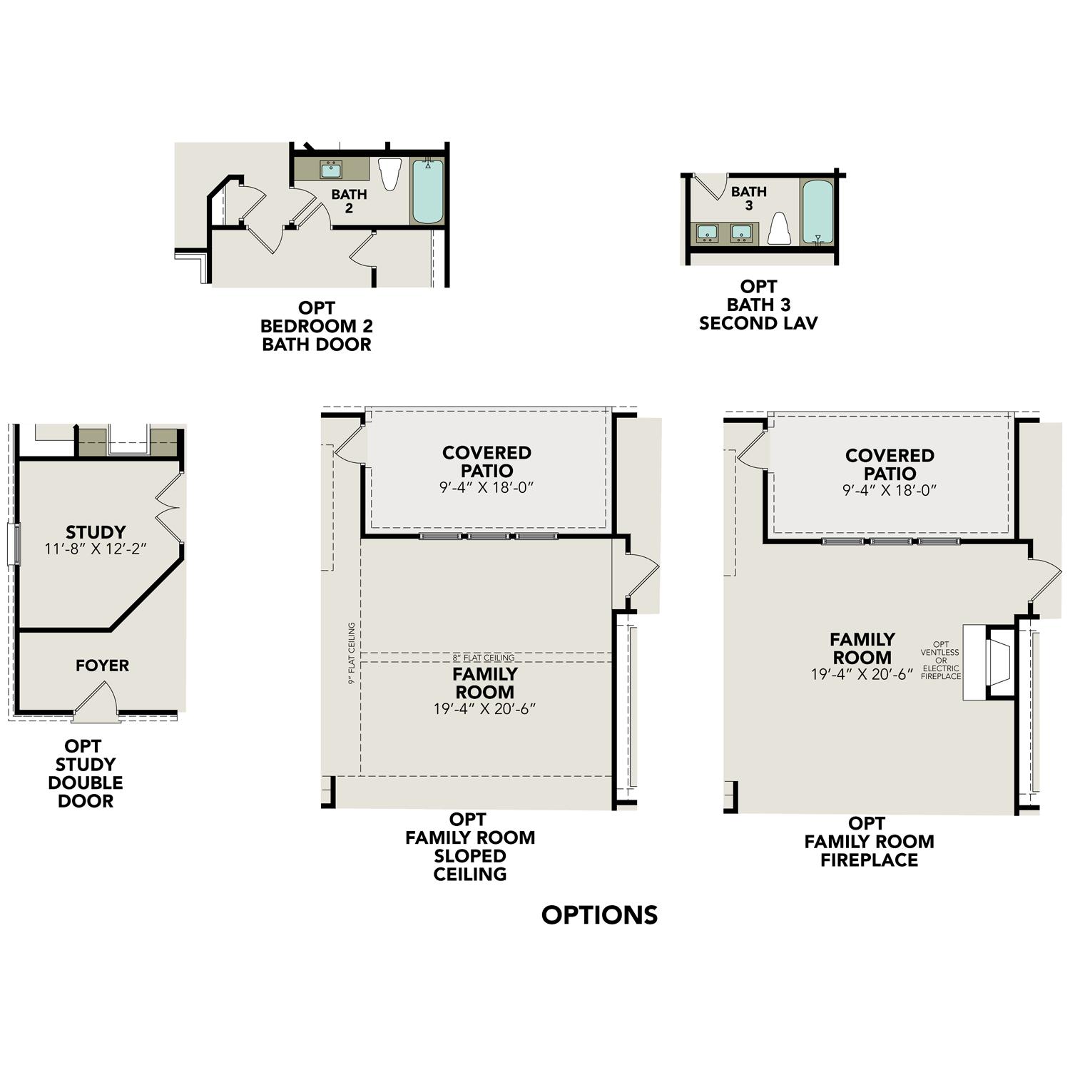 First floor plan of The Jennings G showcasing open family room, study, bedroom 2 with bath, and covered patio in San Antonio home design