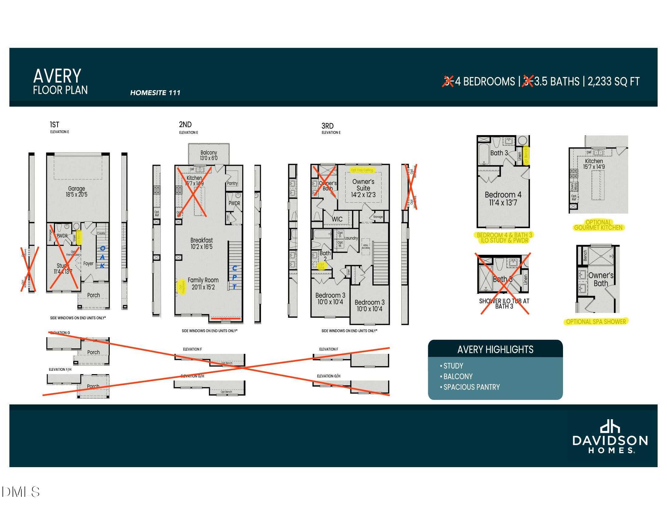 The Avery floor plan by Davidson Homes: 4-bed, 3.5-bath, 2,233 sq ft three-story layout with 2-car garage in Knightdale, NC
