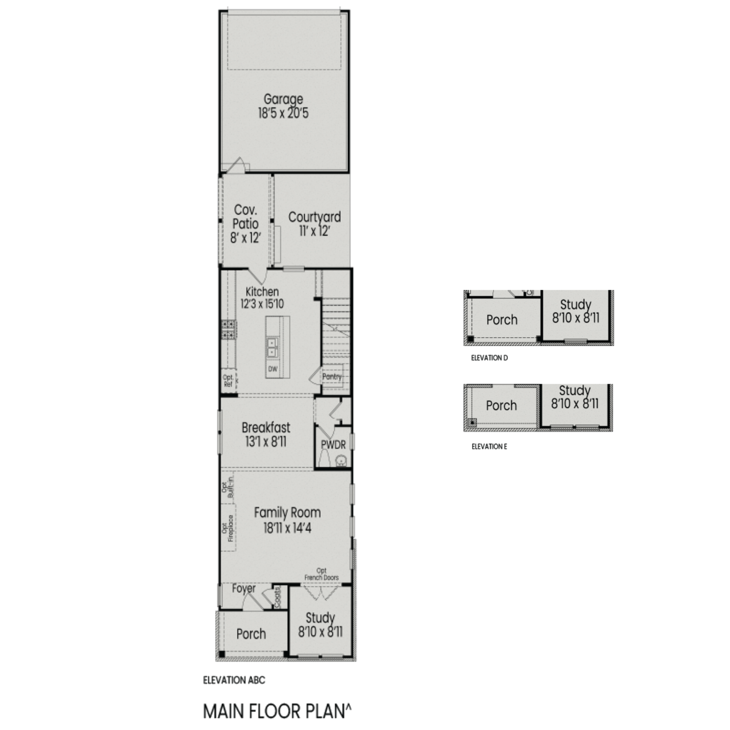 Main floor plan of The Burke showcasing open kitchen, family room, breakfast nook, study, and 2-car garage in Knightdale home