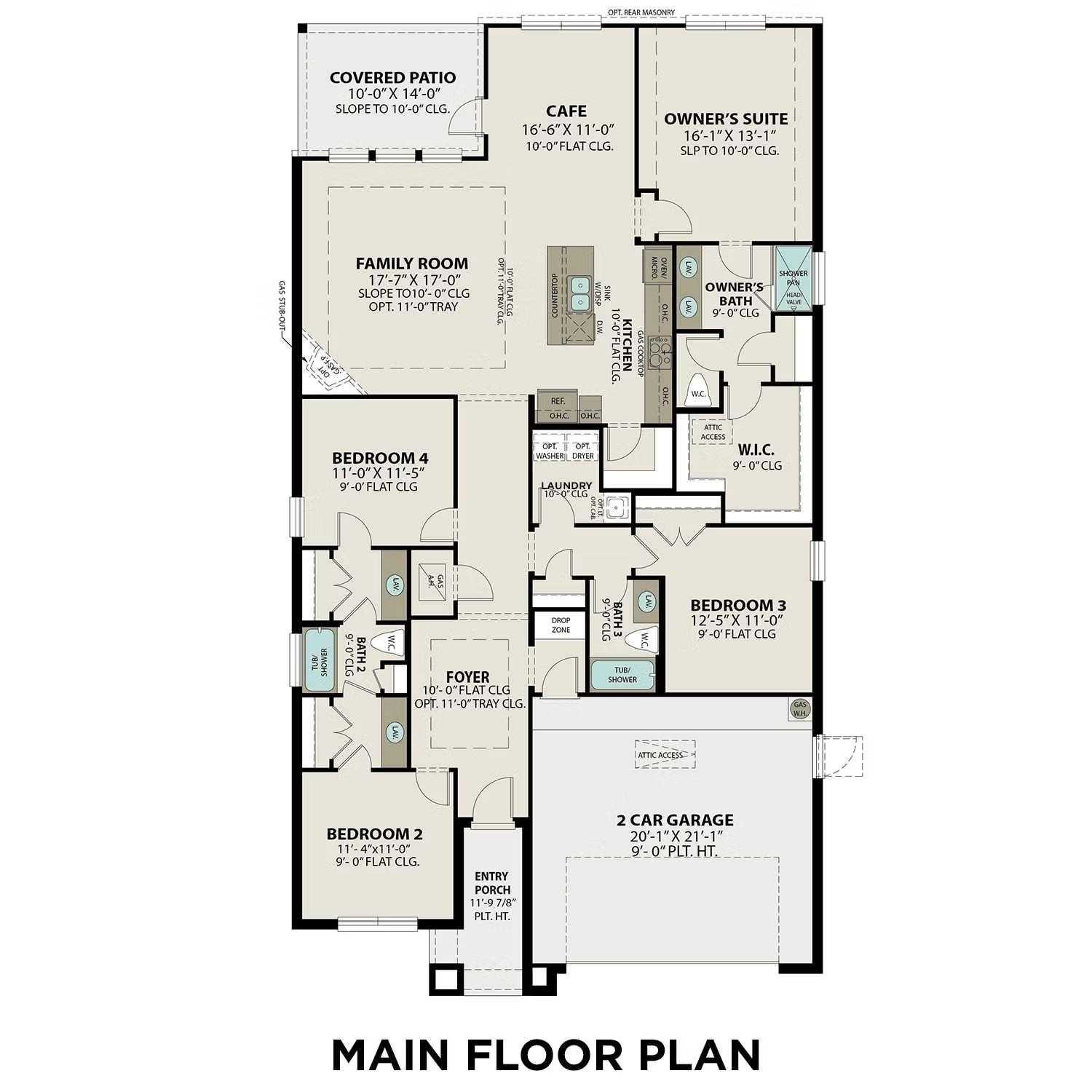 Detailed main floor plan of The Acadia A: 4-bed, 3-bath, 2,153 sq ft 1-story home by Davidson Homes in Sunterra, Katy, TX with 2-car garage