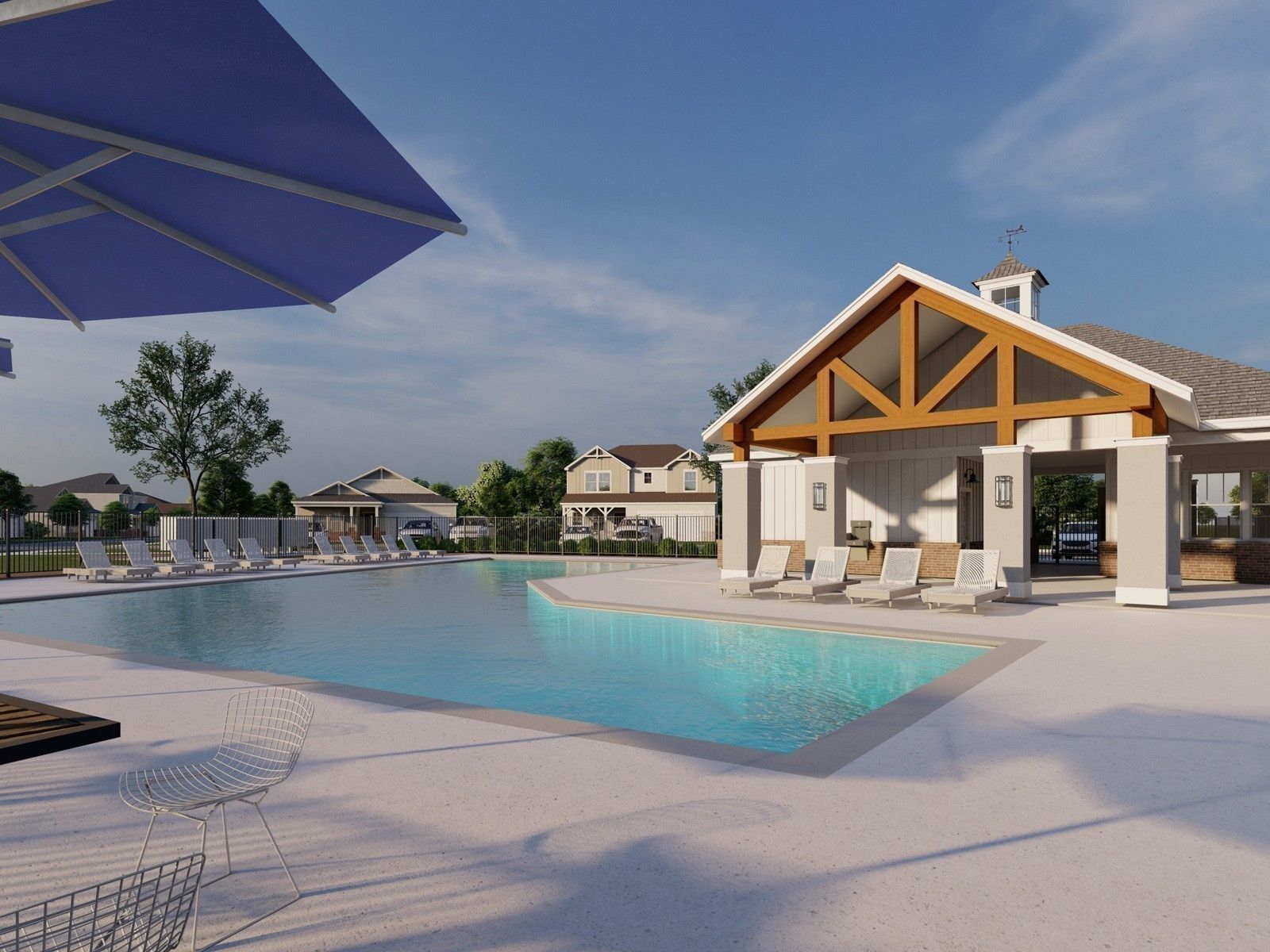 Community swimming pool and clubhouse at Benders Cove in Mt. Juliet, Tennessee by Davidson Homes.