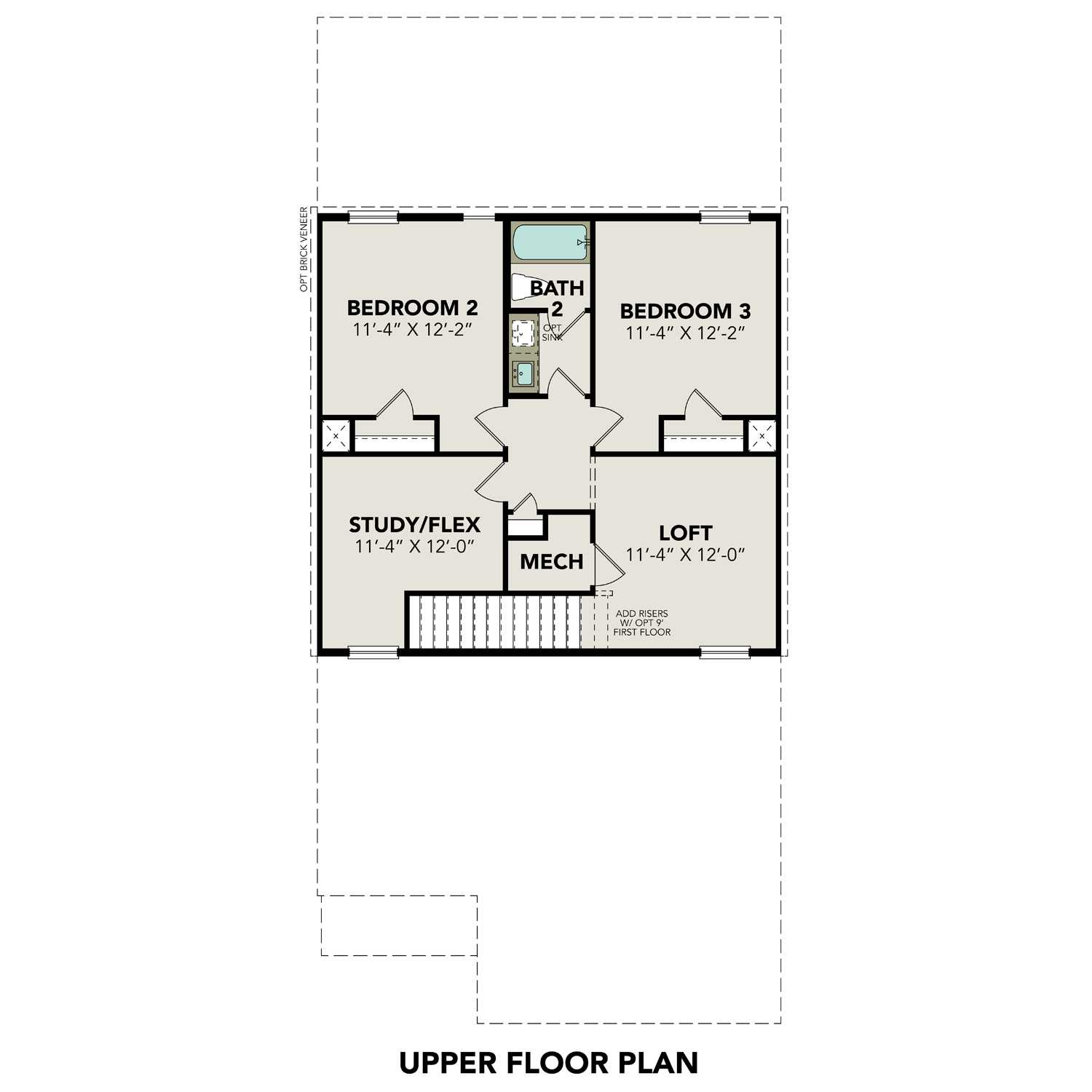 Second-floor layout of The Sabine C showcasing bedrooms 2 and 3, shared bath, loft, study/flex space, and stairs