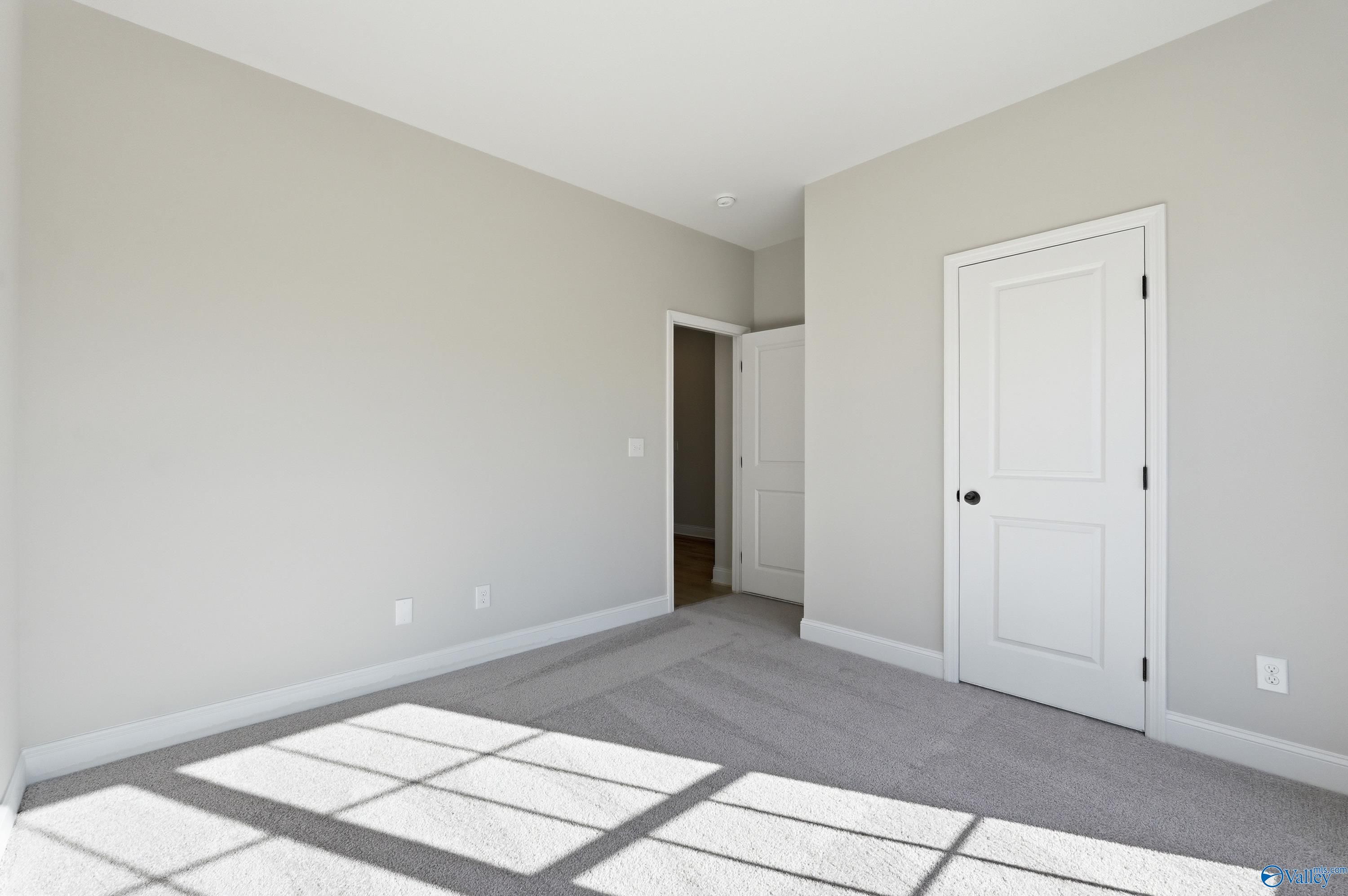 Neutral beige bedroom with plush carpet flooring, white doors, and natural sunlight in Davidson Homes The Franklin C, New Market, Alabama