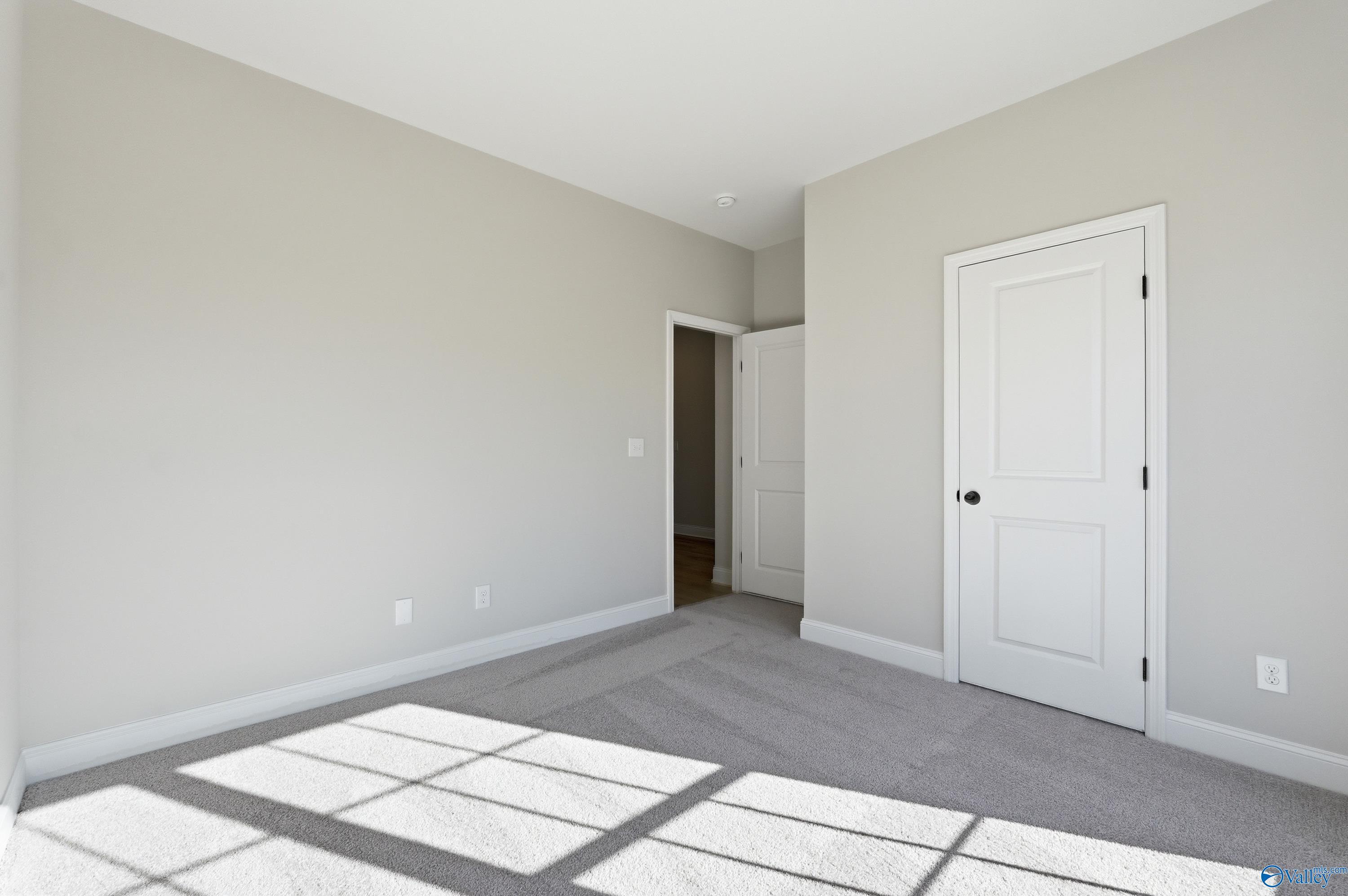 Neutral beige bedroom with plush carpet flooring, white doors, and natural sunlight in Davidson Homes The Franklin C, New Market, Alabama