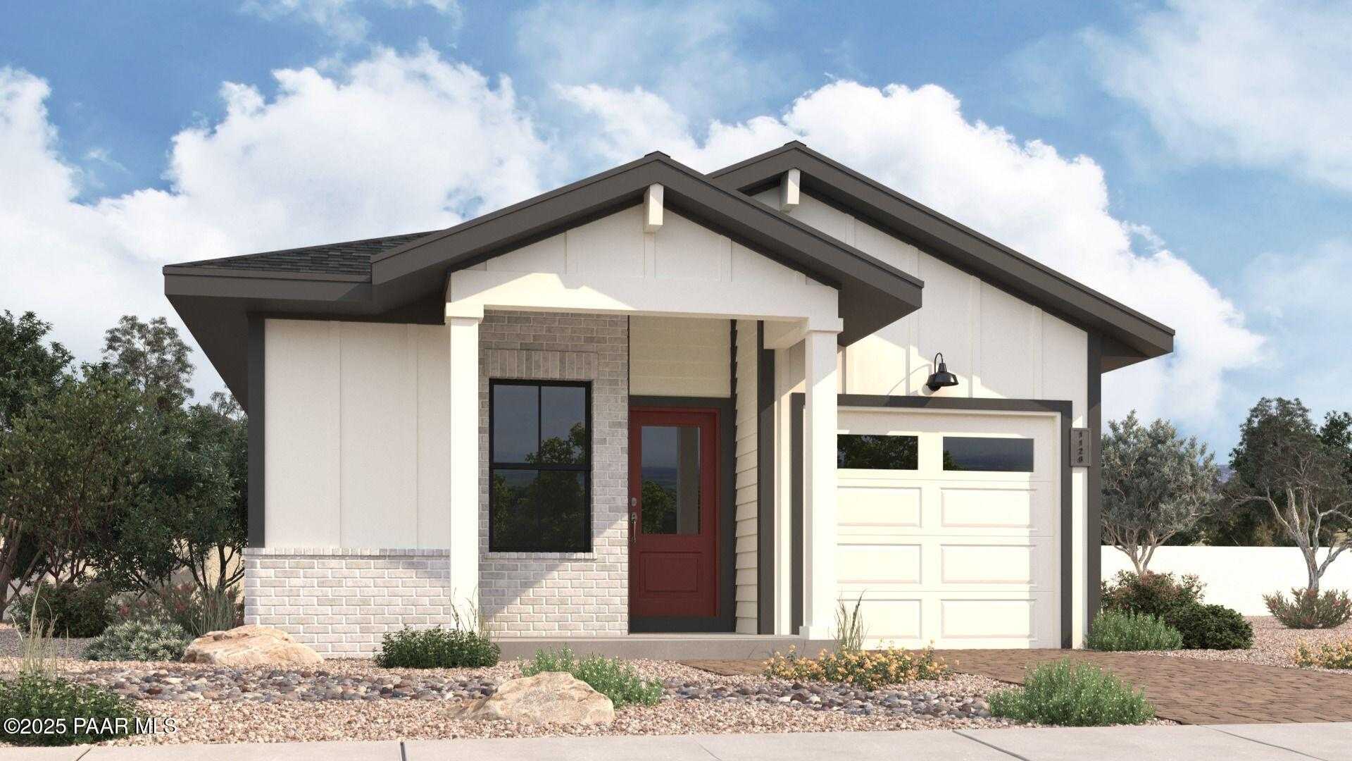 Modern white single-story home with red door, 2-car garage, stone accents, and desert landscaping in Prescott, Arizona - Davidson Homes Marietta B