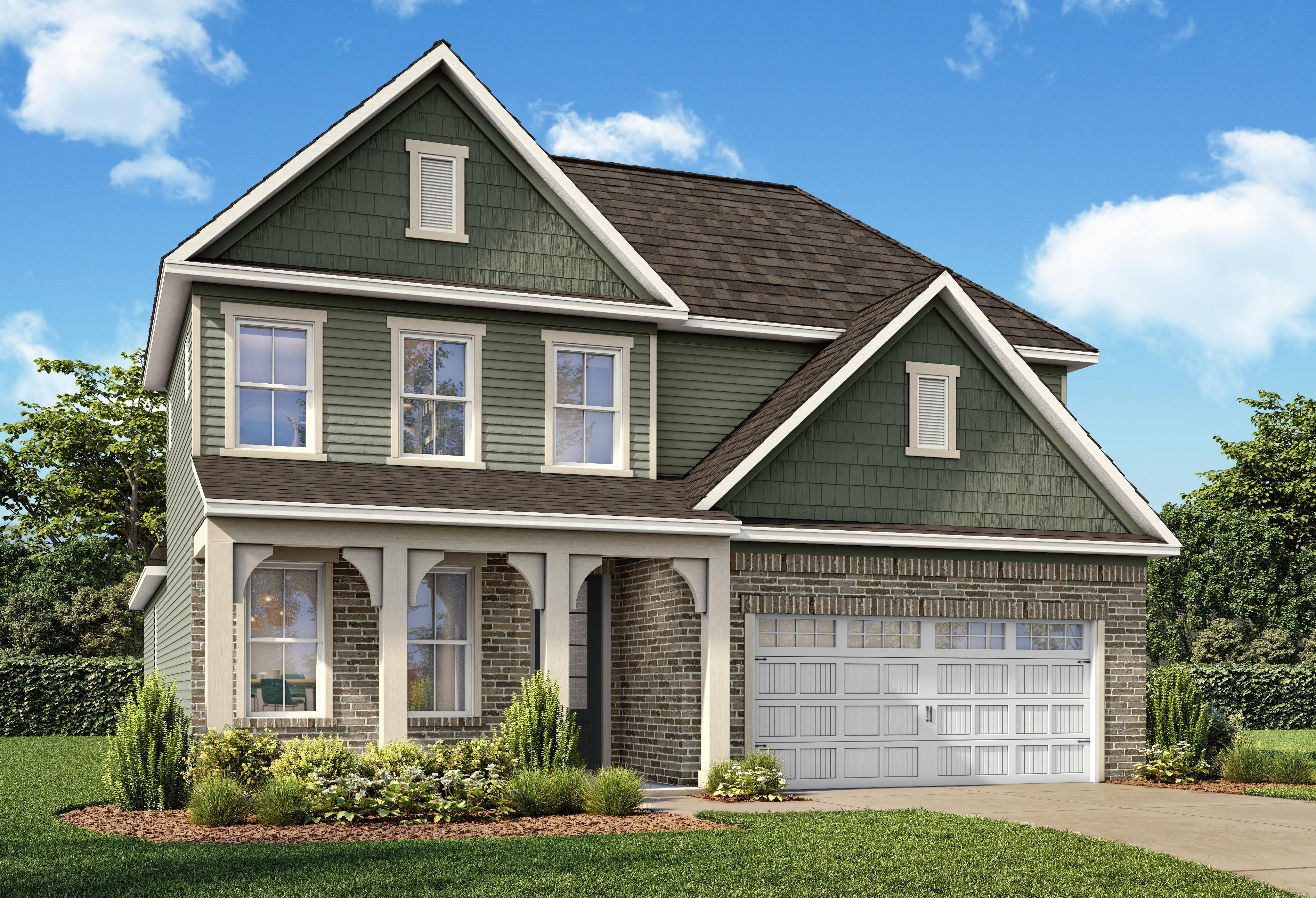 Two-story Ashport LA elevation with green vinyl siding, brick accents, arched porch, and 2-car garage in Wendell, NC