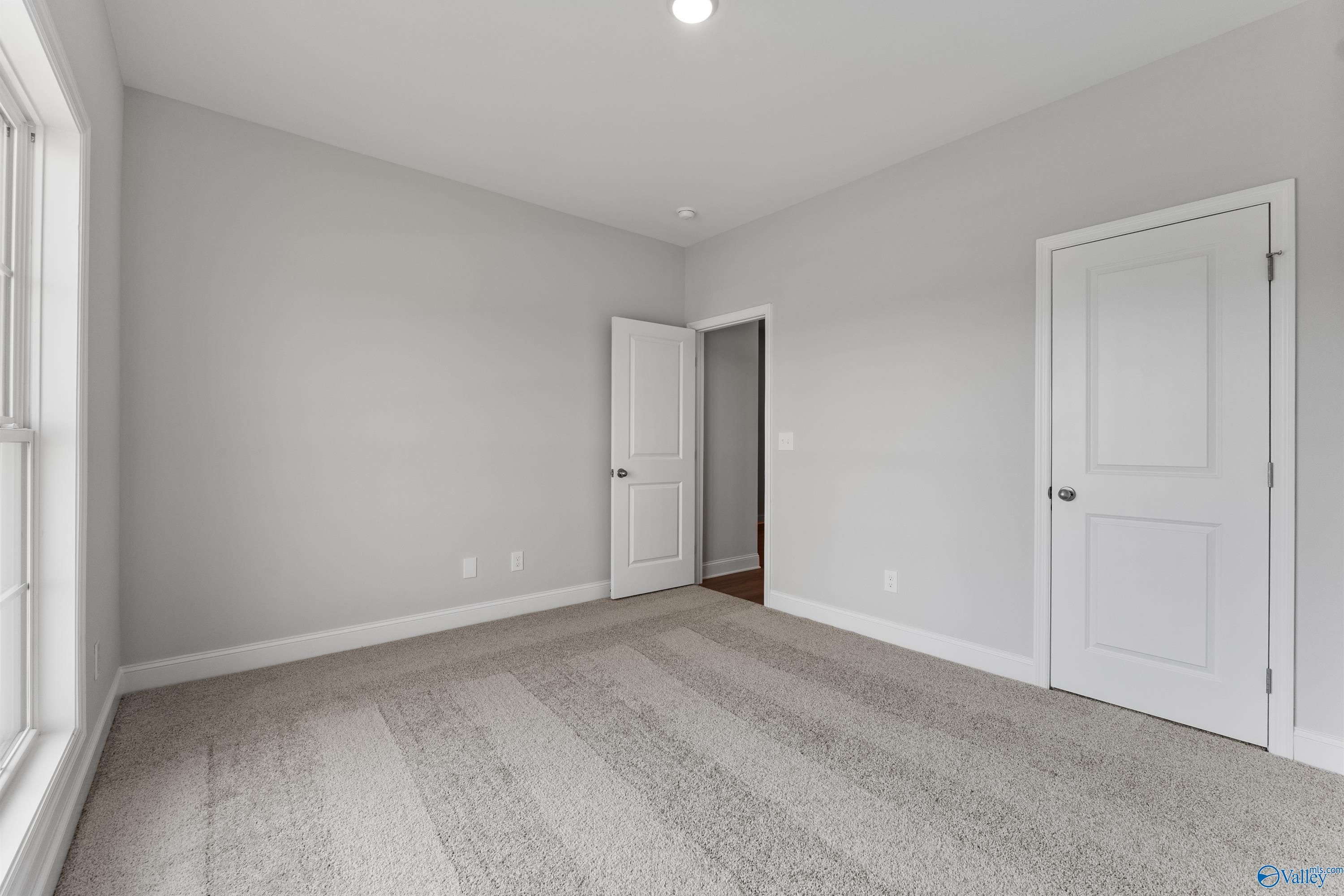 Spacious empty bedroom with light gray walls, beige carpet, large window, and adjacent doors in The Daphne 4-bedroom home, Hazel Green, Alabama