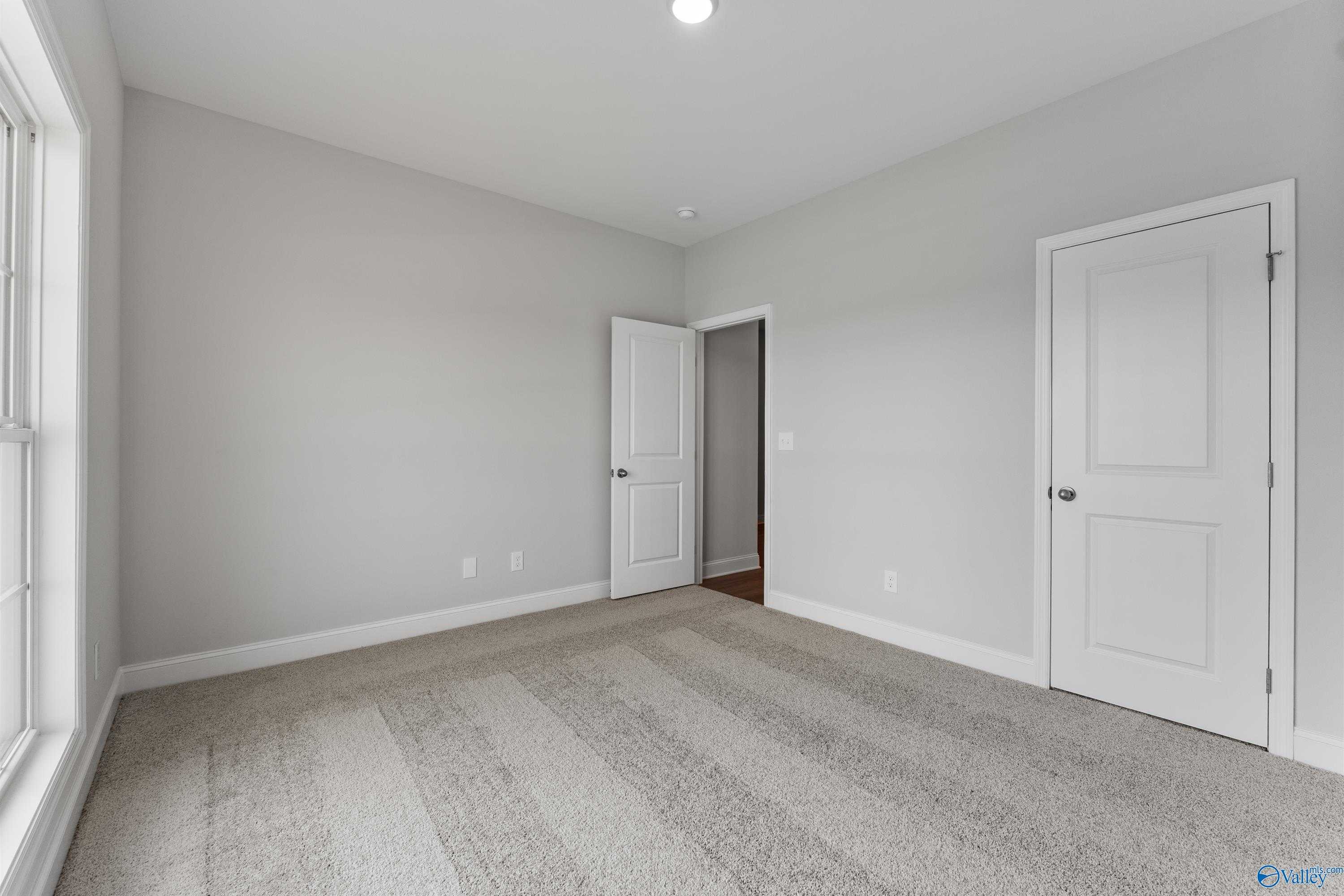 Spacious empty bedroom with light gray walls, beige carpet, large window, and adjacent doors in The Daphne 4-bedroom home, Hazel Green, Alabama