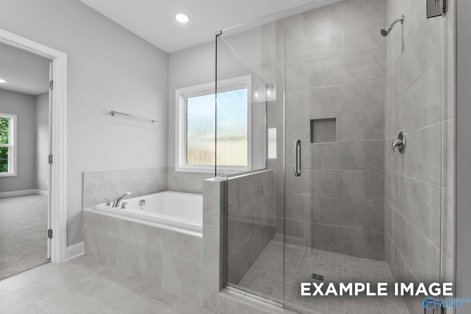 Modern master bathroom with frameless glass shower and deep soaking tub in Davidson Homes The Rockford D, Hazel Green, Alabama