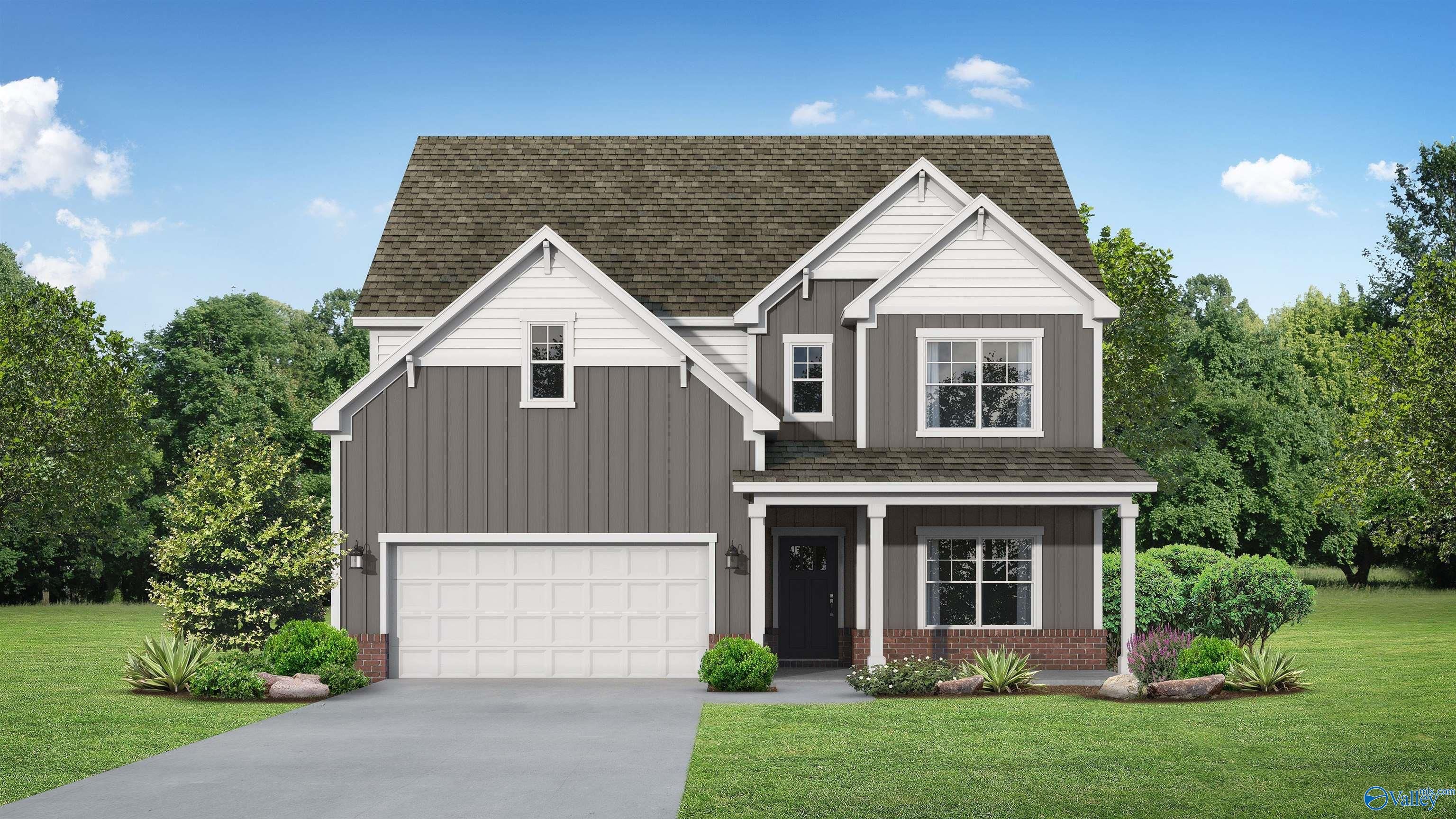 Modern two-story gray Craftsman home with gabled roof, covered porch, and 2-car garage in Berry Cove, New Market, Alabama - Davidson Homes Chelsea D