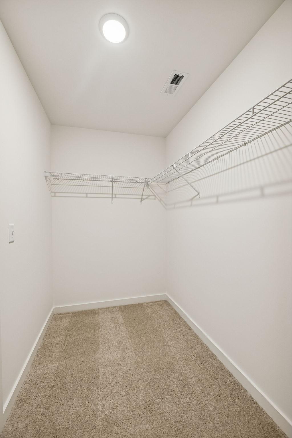 Spacious walk-in closet with wire shelving, beige carpet, and recessed lighting in Davidson Homes The Willow, Calista Farms, White House, TN