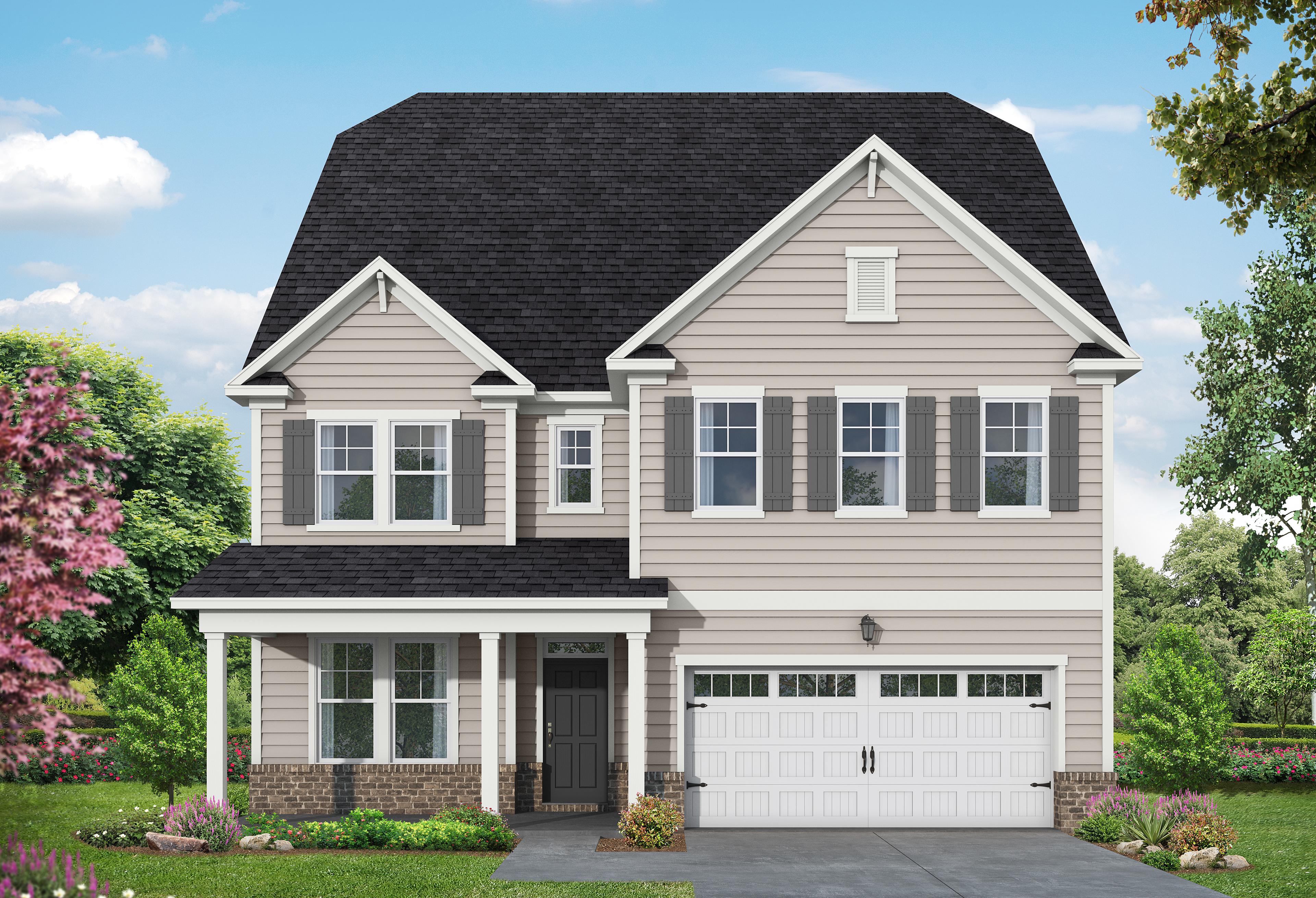 Two-story Aspen home elevation with beige siding, black gabled roof, covered porch, two-car garage, and landscaped yard in Wendell NC