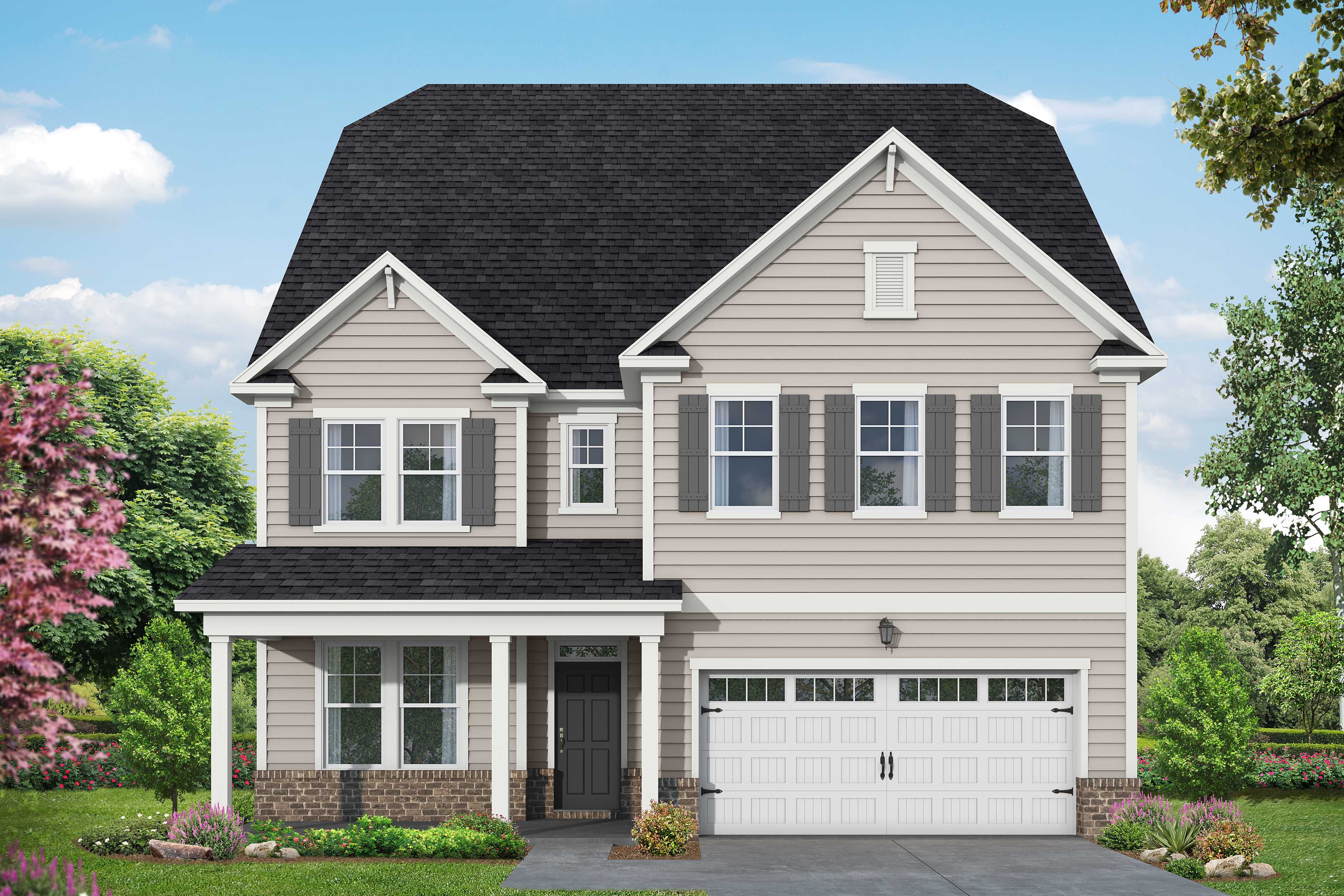 Two-story The Aspen A exterior with beige siding, black gabled roof, covered porch, two-car garage, and landscaped yard in Belmont NC