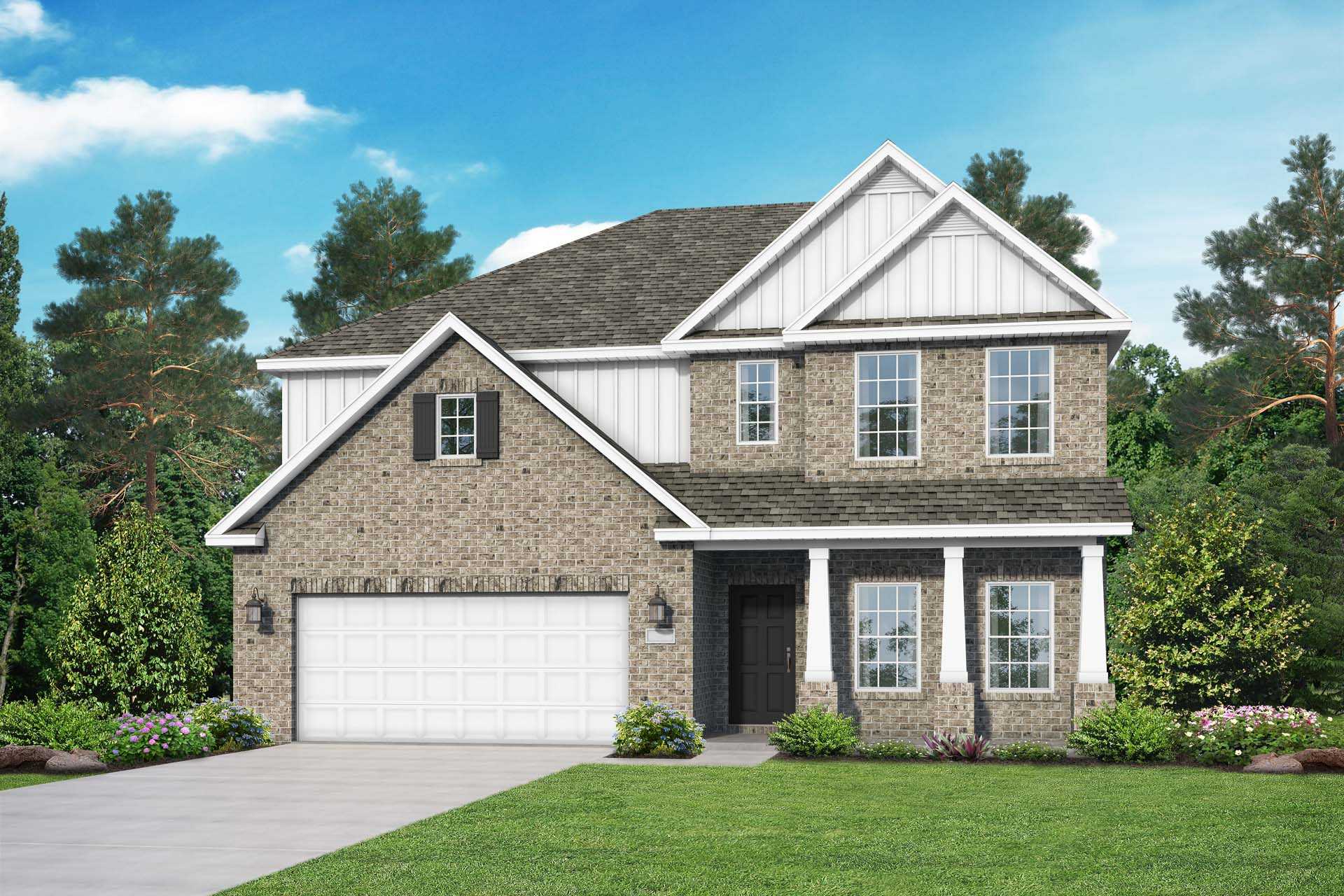 Two-story Chelsea C home design by Davidson Homes with brick and siding exterior, two-car garage, columned porch, and landscaped yard in Meridianville Alabama