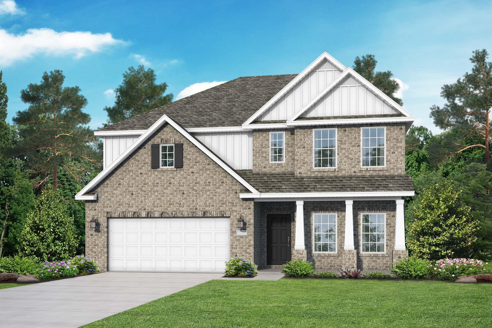 Two-story Chelsea C home design by Davidson Homes with brick and siding exterior, two-car garage, columned porch, and landscaped yard in Meridianville Alabama