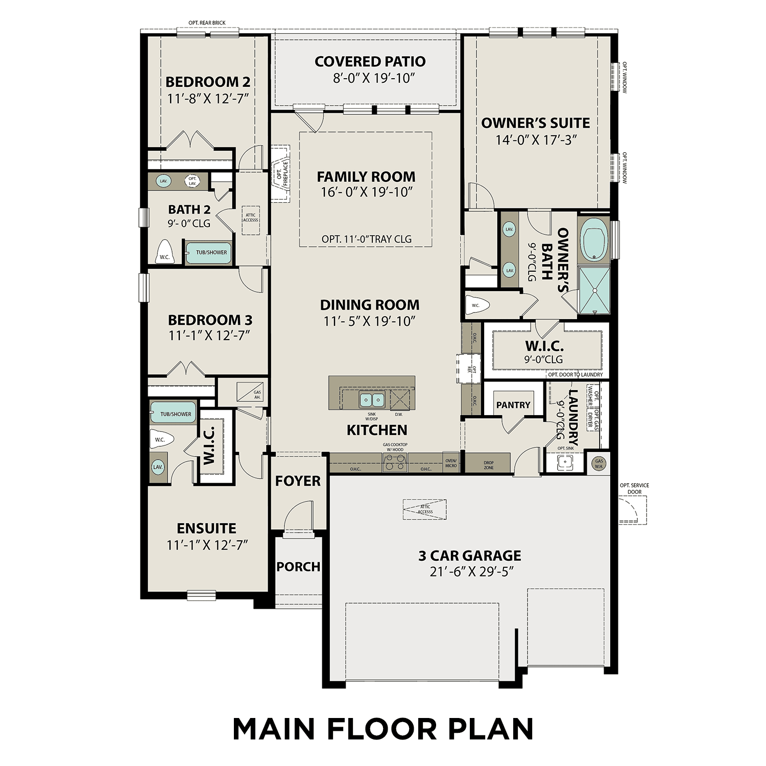 Spacious 1-story floor plan of The Elizabeth A: 4 bedrooms, 3 baths, open kitchen, family room, and 3-car garage in Rosharon, TX