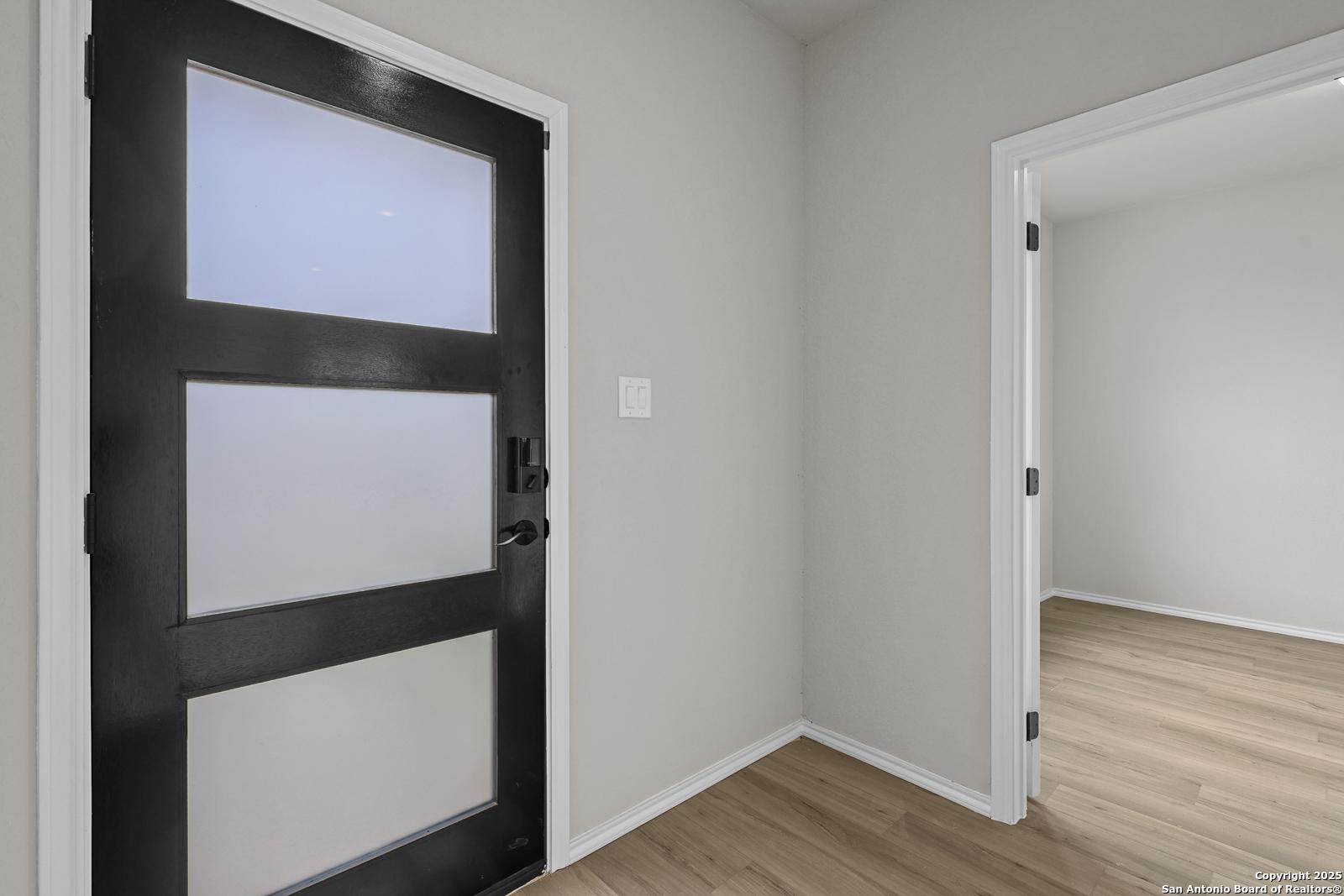 Modern black entry door with frosted glass panels opening to light hardwood floors in Davidson Homes The Murray J, San Antonio