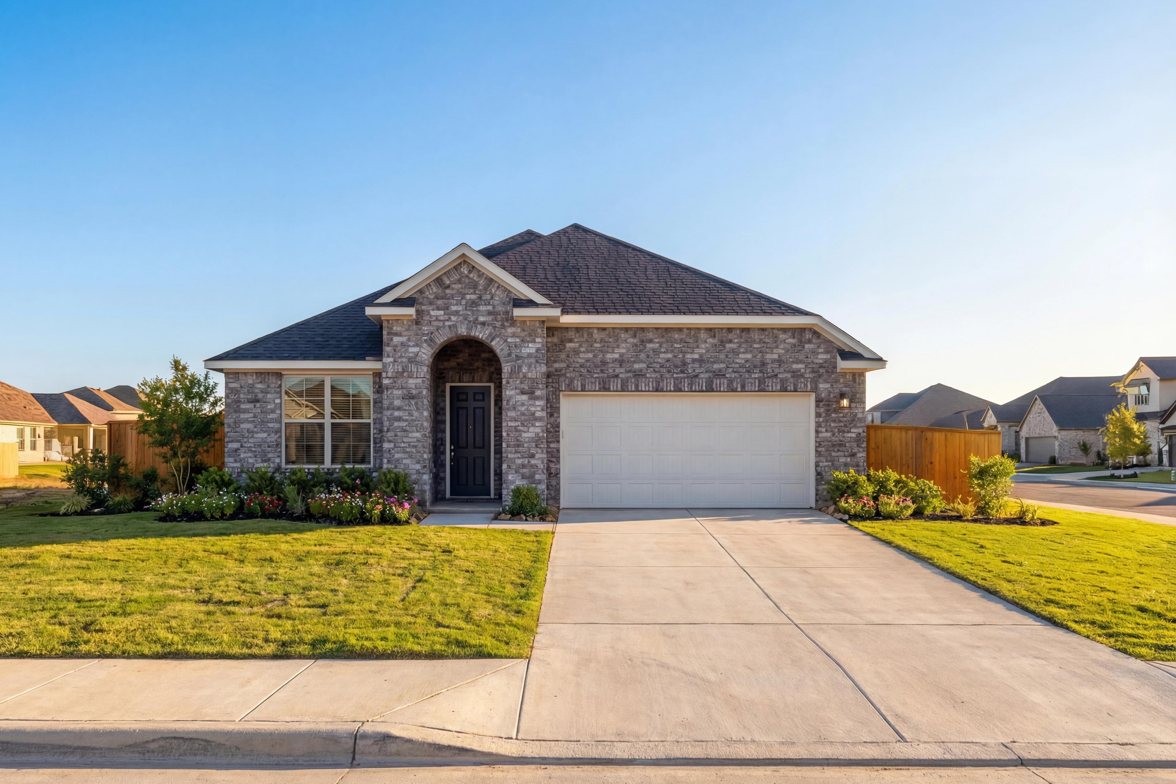 Brick single-story Acadia A home elevation with arched entry, 2-car garage, and landscaped yard in Magnolia, Texas