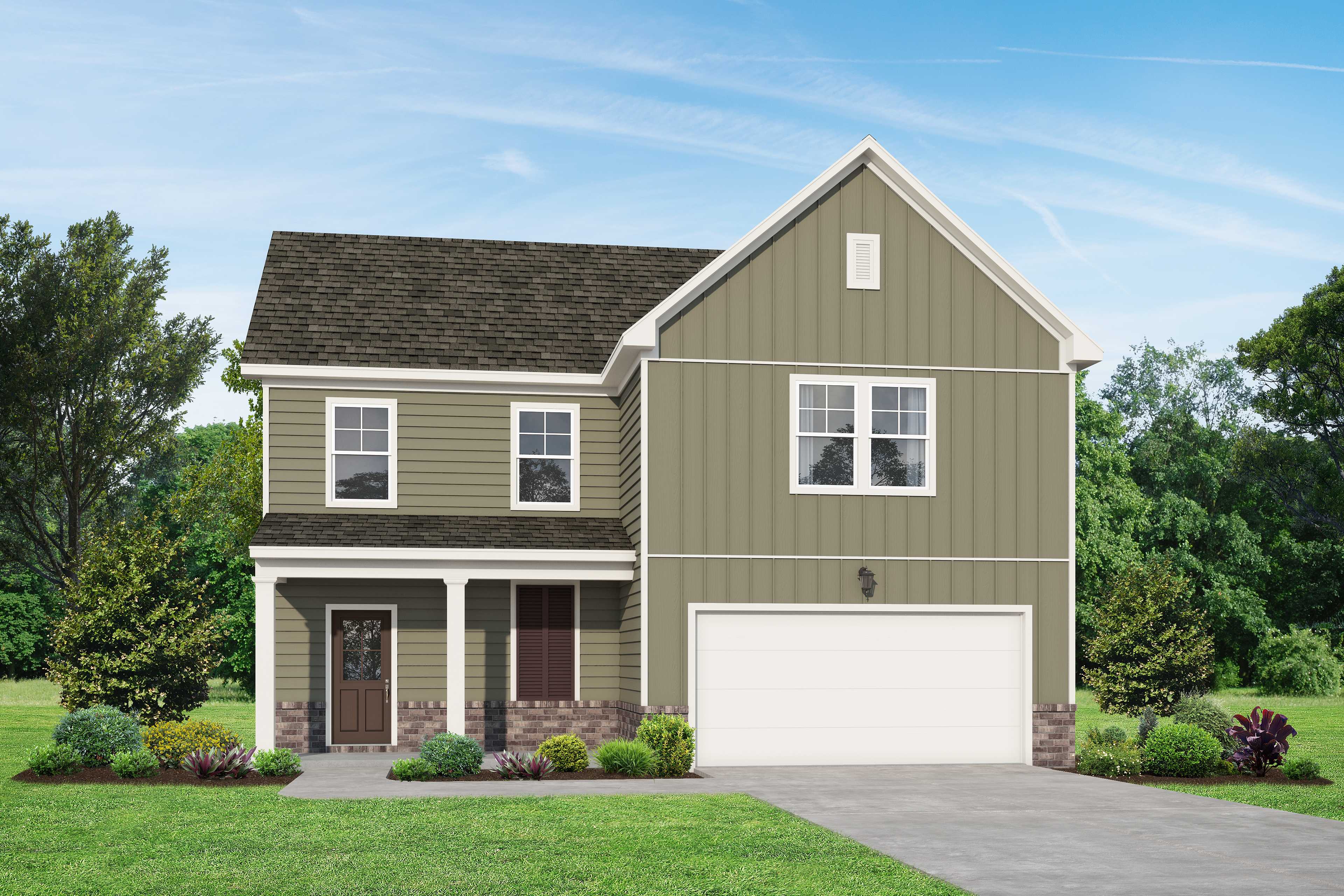 Two-story Gordon B home elevation by Davidson Homes in White House TN, greige siding, front porch, 2-car garage, landscaped yard