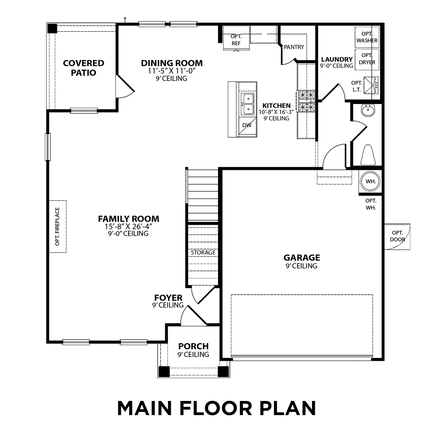 Main floor plan of The Murray A showcasing open family room, gourmet kitchen, dining area, and 2-car garage