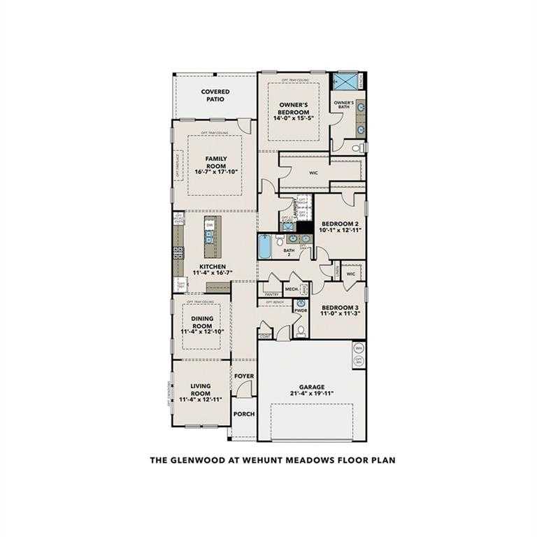 Detailed floor plan of The Glenwood C: 3-bed, 2.5-bath, 2,200 sq ft 1-story home with 3-car garage in Wehunt Meadows, Hoschton, GA
