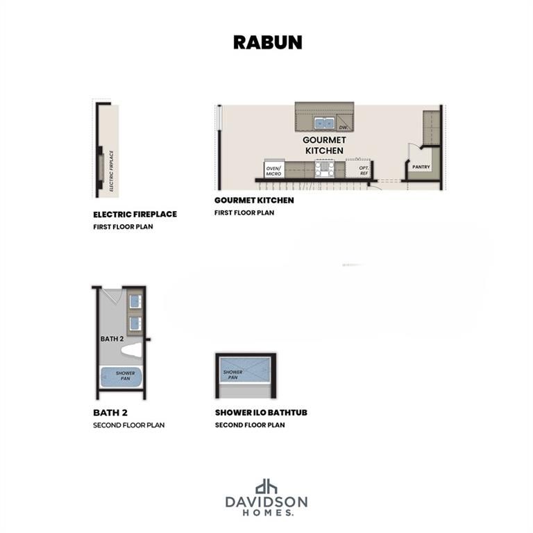Rabun C floor plan with gourmet kitchen, electric fireplace, and 2nd-floor baths in 3-bed Davidson Homes, The Bluffs, Canton, GA