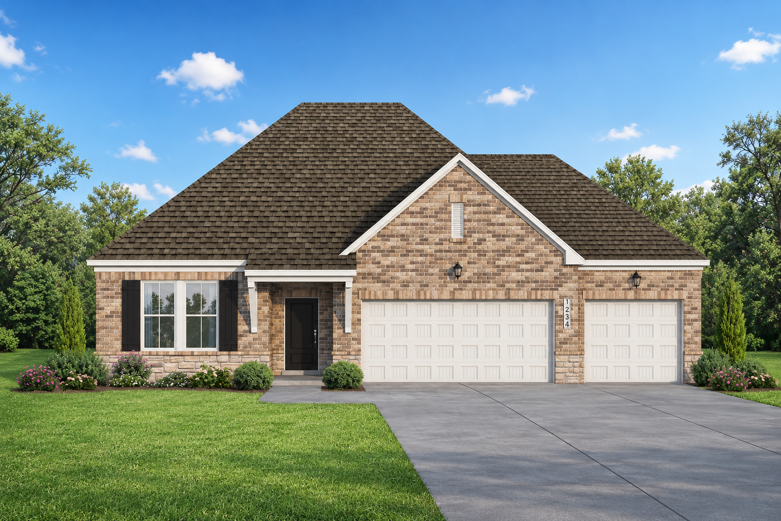 Brick exterior elevation of The Laurel, a single-story Davidson Homes design with 2-car garage in Royse City, Texas.