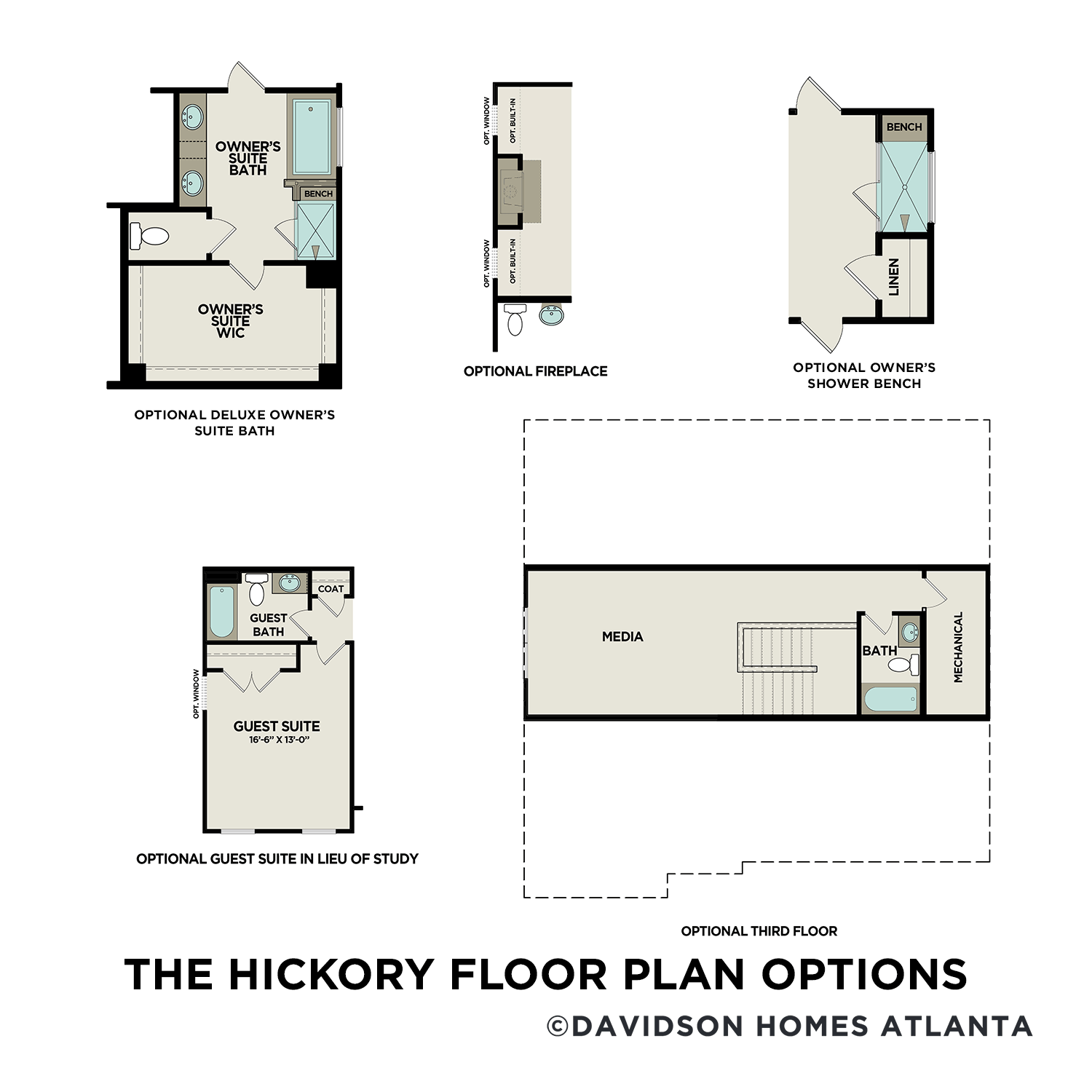 The Hickory floor plan options showcasing deluxe owner's suite, media room, guest suite, and optional features by Davidson Homes