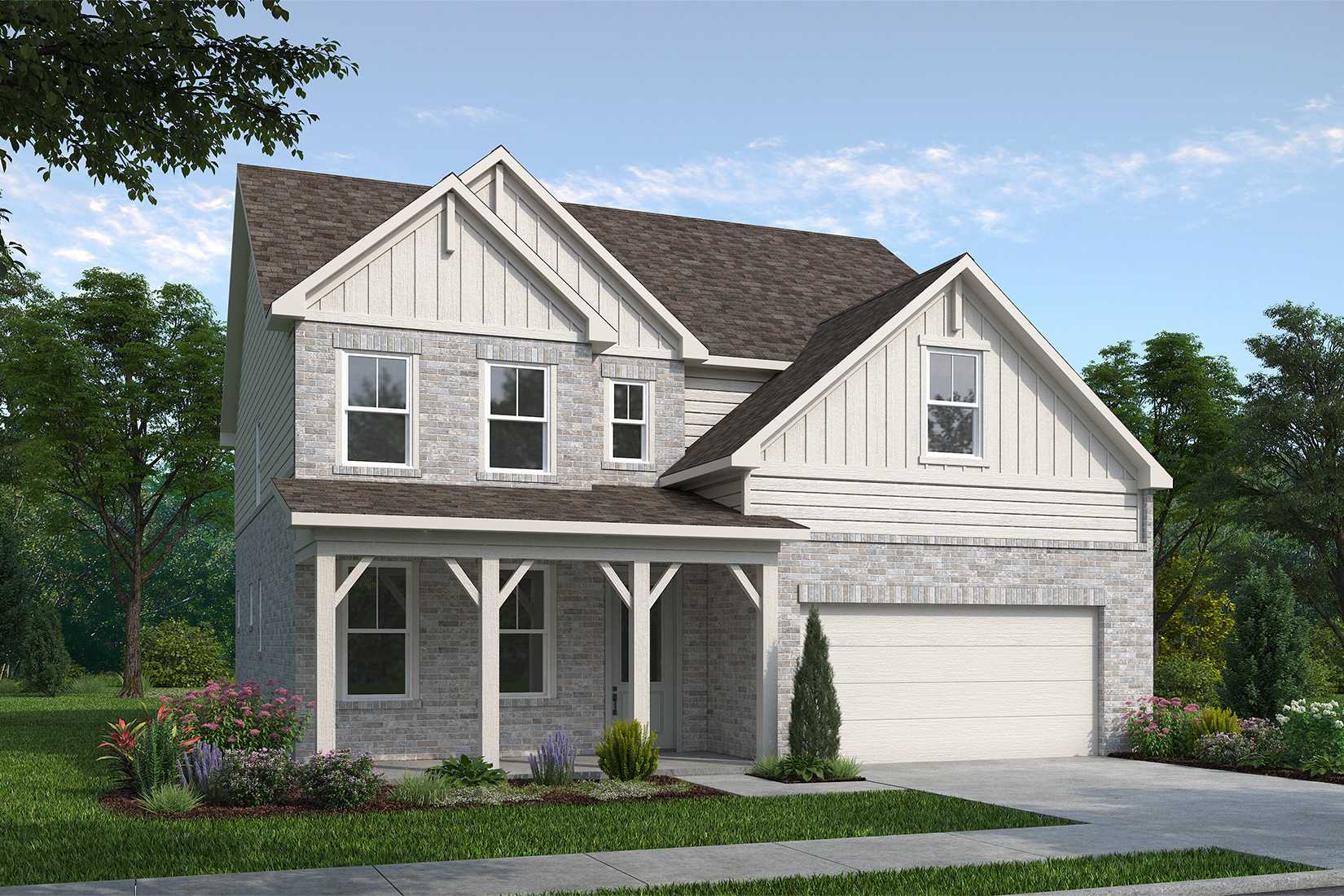 Two-story Hickory home elevation by Davidson Homes in Buford, GA: brick base, white siding, gabled roof, covered porch, two-car garage, landscaped yard