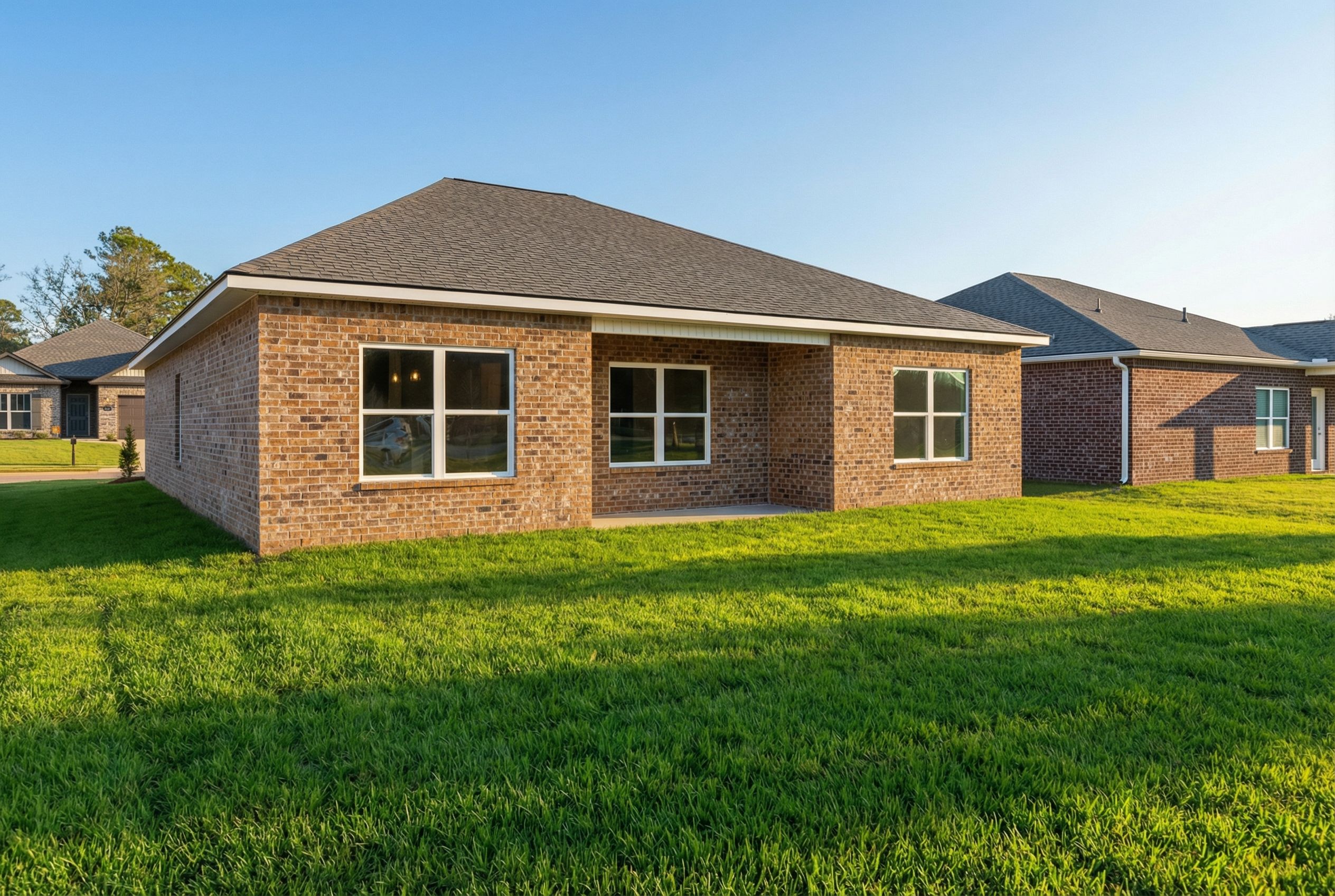 Brick ranch-style home exterior at Mooresville Station in Tanner, Alabama with gable roof, side porch and lush green lawn