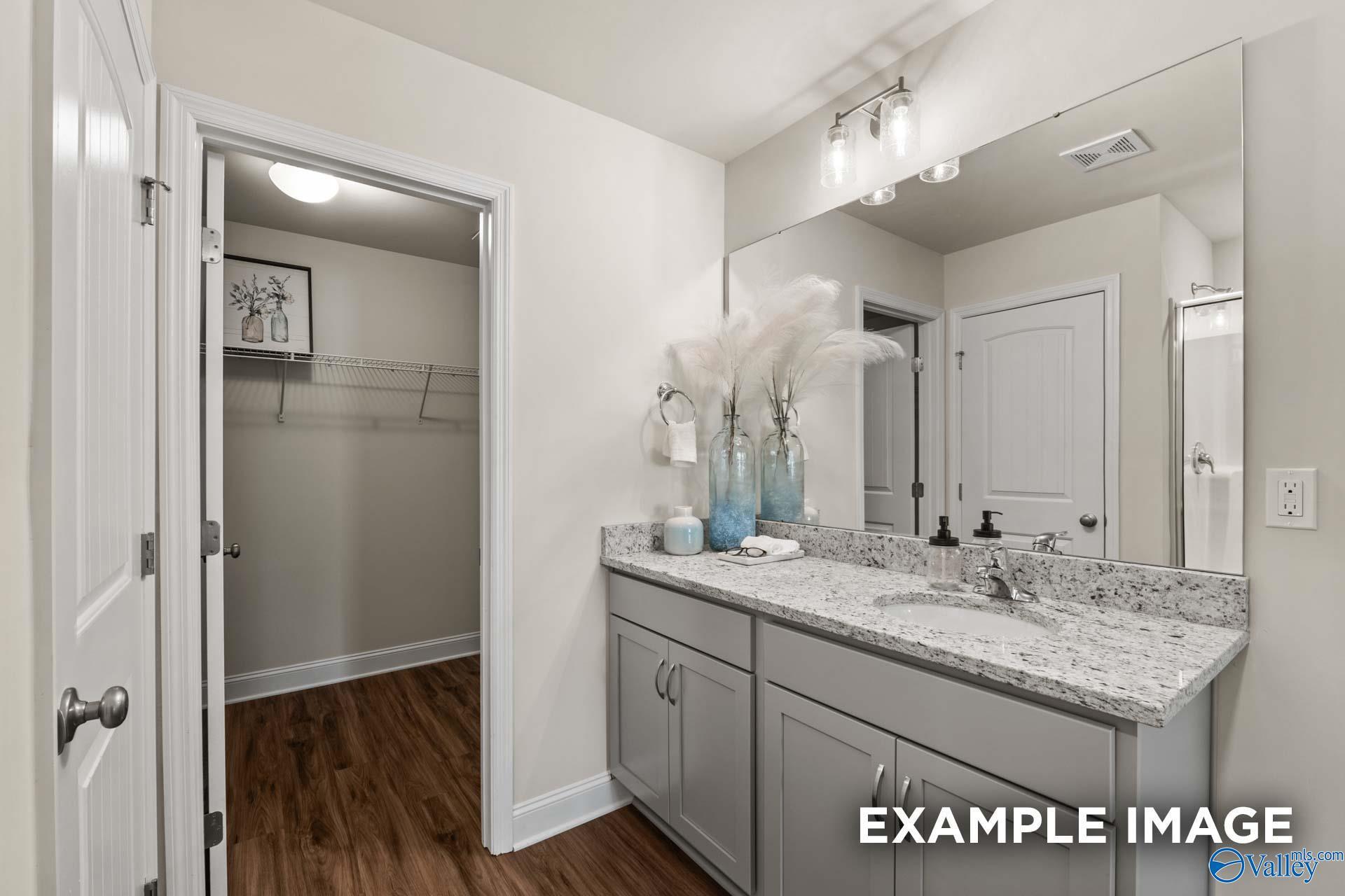 Modern master bathroom with quartz vanity, large mirror, and open walk-in closet in Davidson Homes The Franklin C, New Market, Alabama