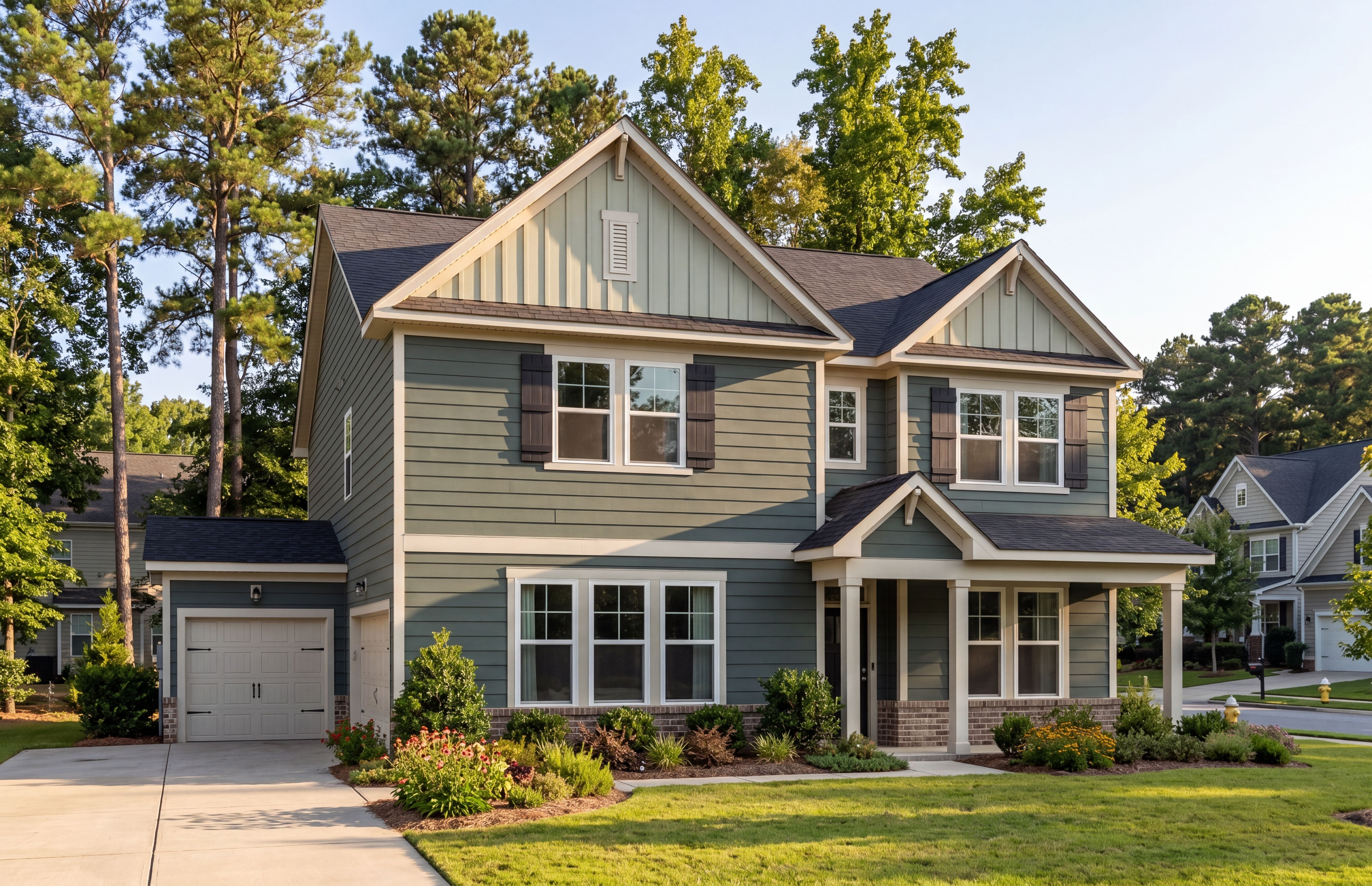 Two-story Craftsman home exterior at Rockport in Wake Forest, NC, built by Davidson Homes with a covered front porch.