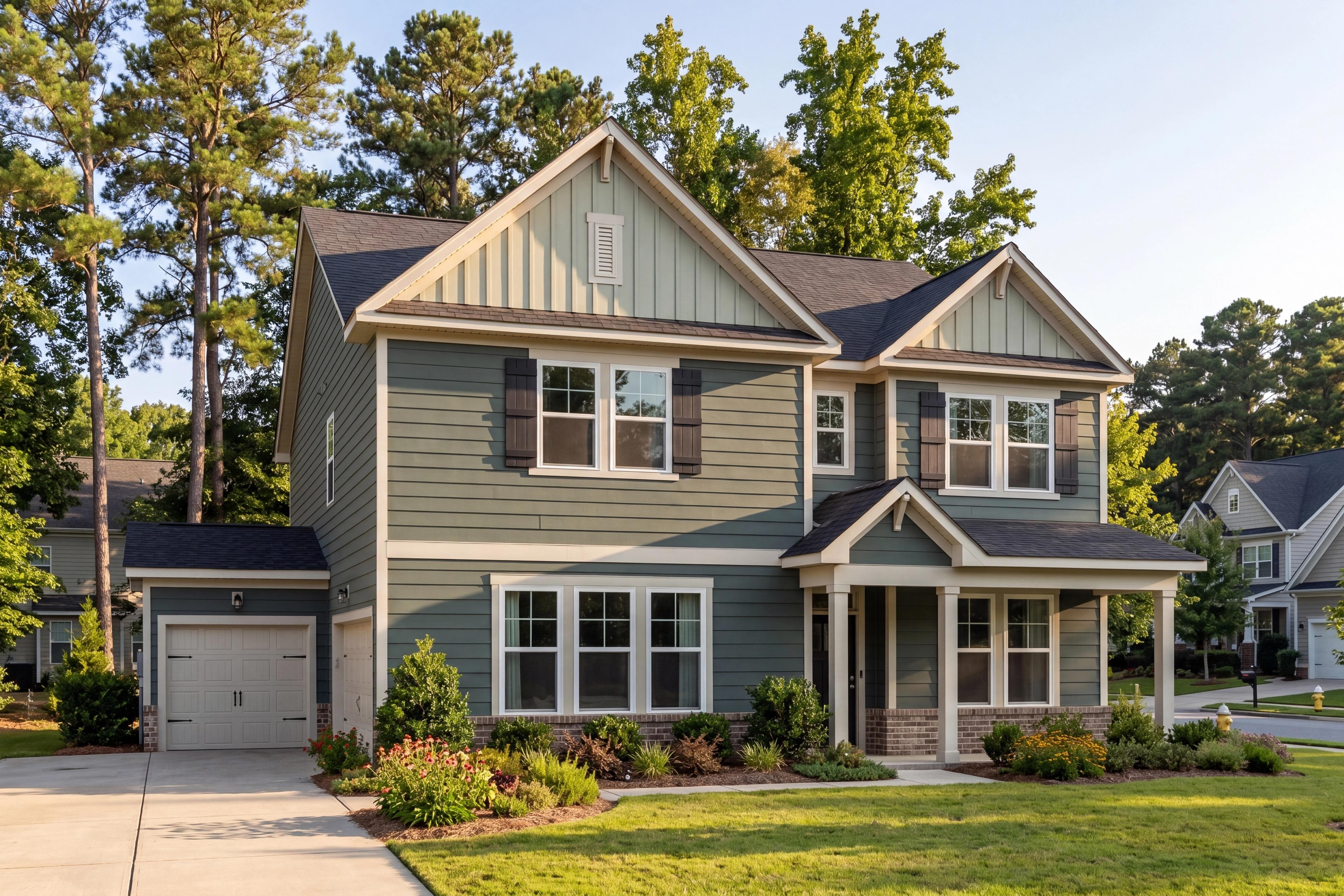 Two-story Craftsman home exterior at Rockport in Wake Forest, NC, built by Davidson Homes with a covered front porch.